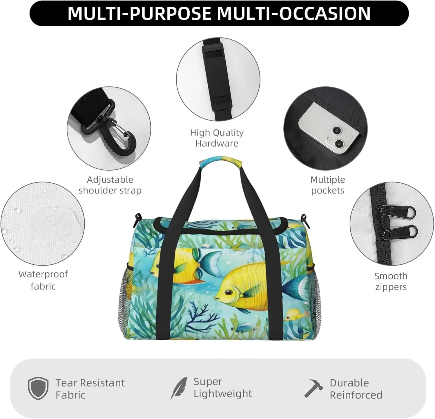Travel Duffel Bag For Men Women, Cute Tropical Fish Ocean Sea Watercolor Carry On Sport Gym Bag With Shoulder Strap Lightweight Waterproof Weekender Bag Overnight Bag