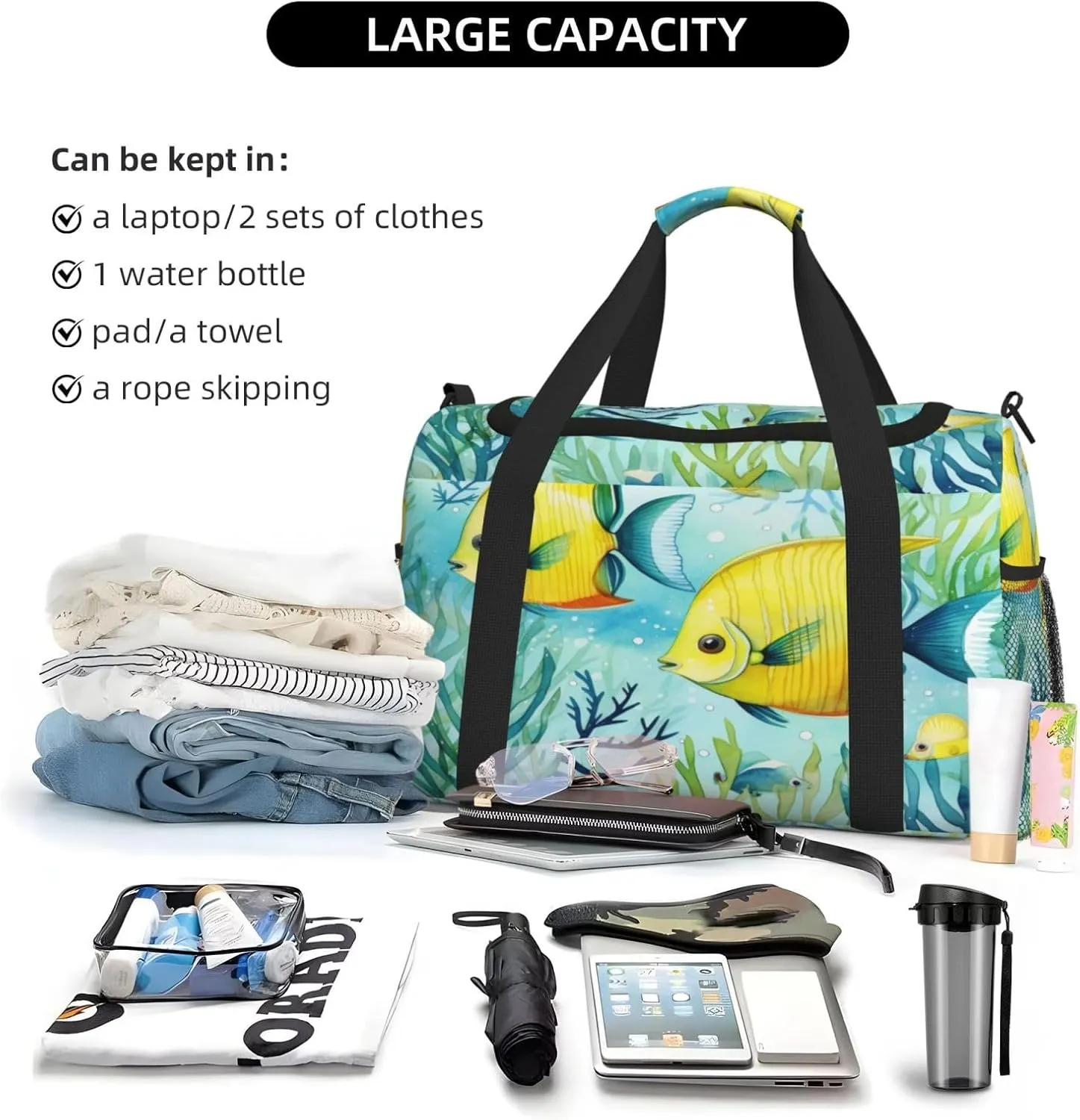Travel Duffel Bag For Men Women, Cute Tropical Fish Ocean Sea Watercolor Carry On Sport Gym Bag With Shoulder Strap Lightweight Waterproof Weekender Bag Overnight Bag