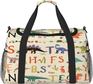 Travel Duffel Bag For Men Women, Education Alphabet Letter Cartoon Dinosaur Carry On Sport Gym Bag With Shoulder Strap Lightweight Waterproof Weekender Bag Overnight Bag