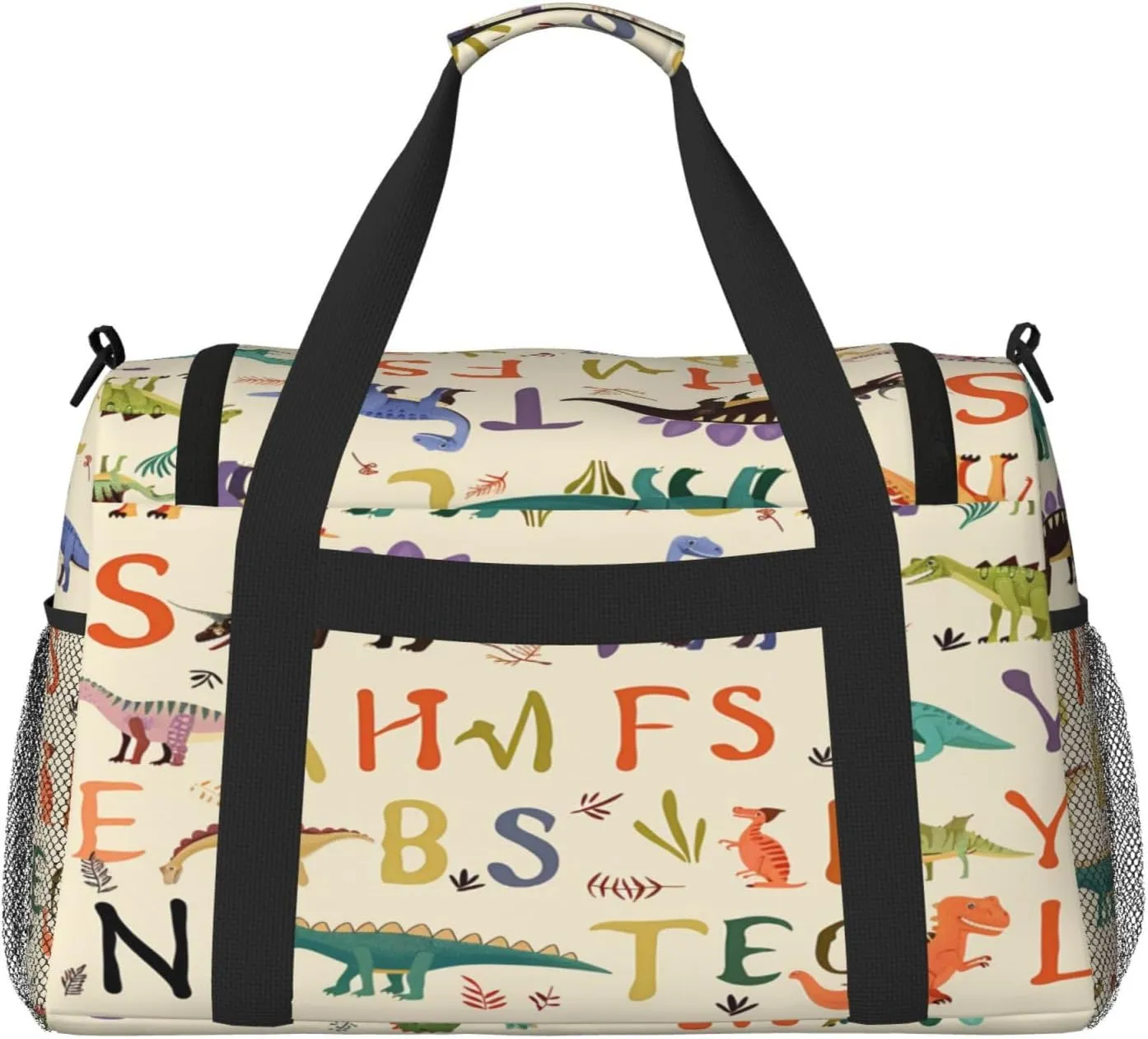 Travel Duffel Bag For Men Women, Education Alphabet Letter Cartoon Dinosaur Carry On Sport Gym Bag With Shoulder Strap Lightweight Waterproof Weekender Bag Overnight Bag