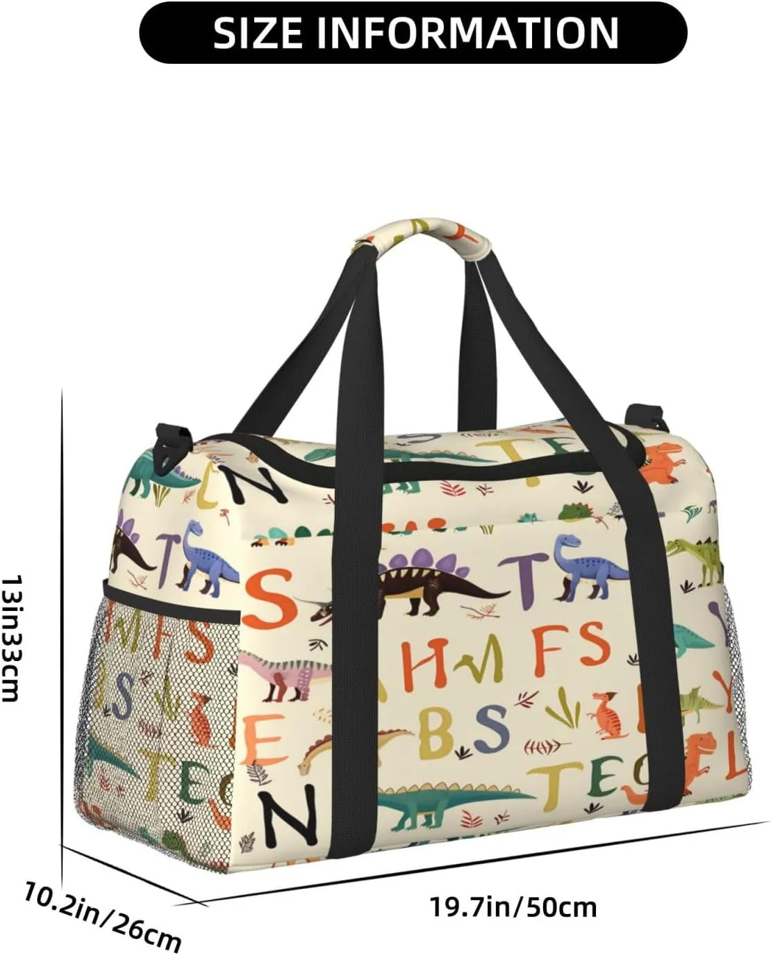 Travel Duffel Bag For Men Women, Education Alphabet Letter Cartoon Dinosaur Carry On Sport Gym Bag With Shoulder Strap Lightweight Waterproof Weekender Bag Overnight Bag