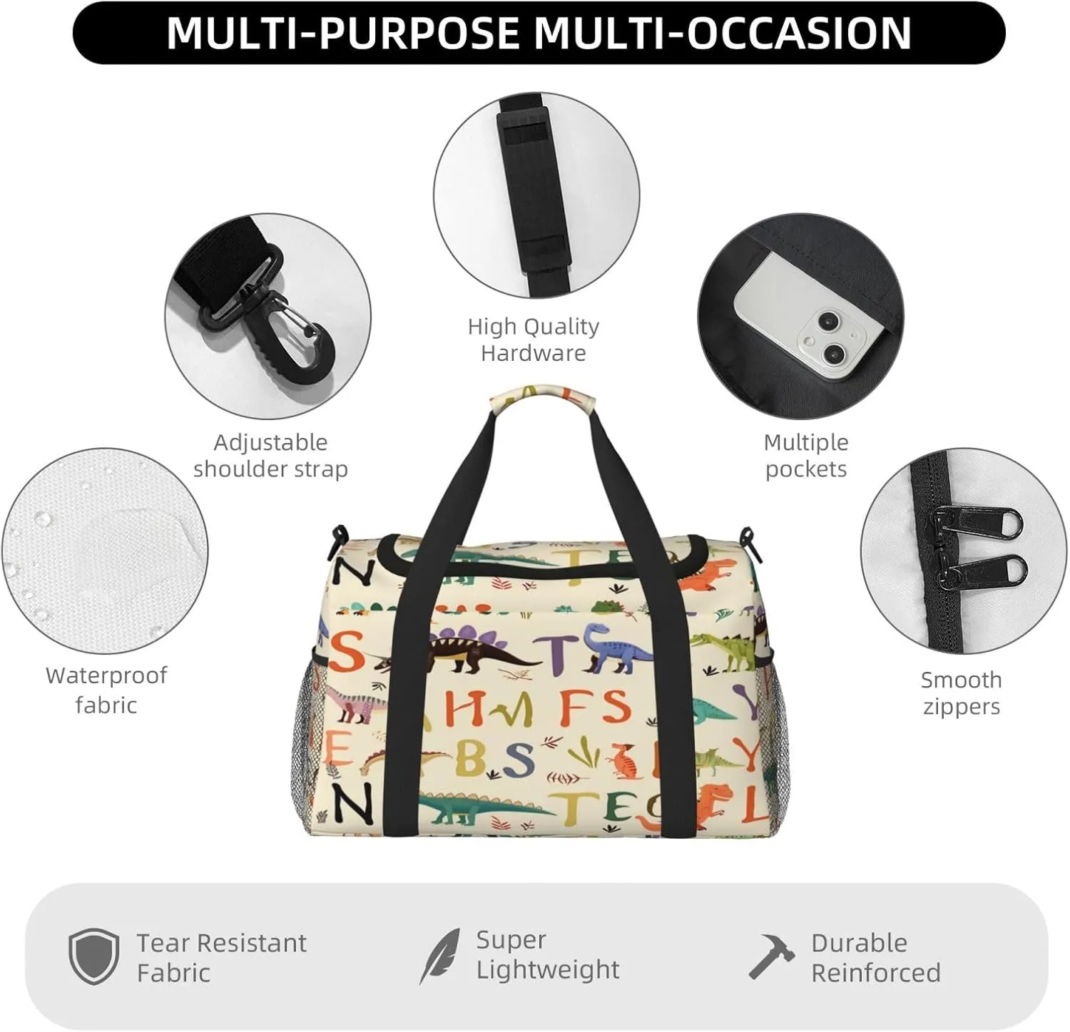 Travel Duffel Bag For Men Women, Education Alphabet Letter Cartoon Dinosaur Carry On Sport Gym Bag With Shoulder Strap Lightweight Waterproof Weekender Bag Overnight Bag