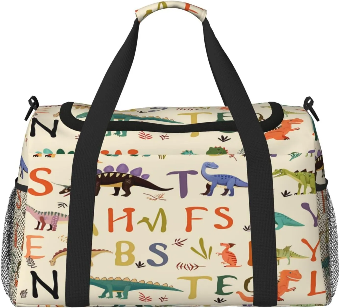 Travel Duffel Bag For Men Women, Education Alphabet Letter Cartoon Dinosaur Carry On Sport Gym Bag With Shoulder Strap Lightweight Waterproof Weekender Bag Overnight Bag