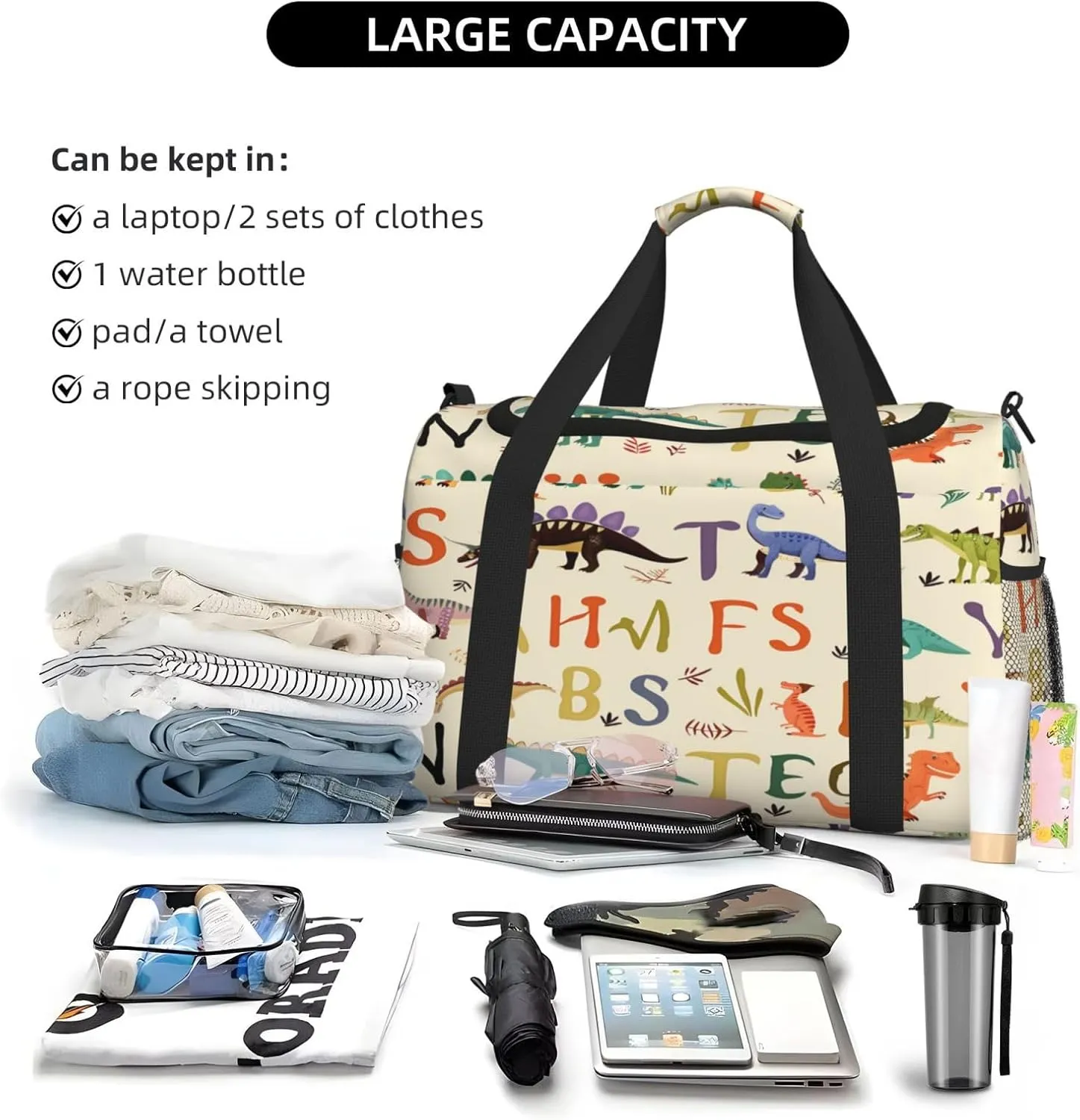 Travel Duffel Bag For Men Women, Education Alphabet Letter Cartoon Dinosaur Carry On Sport Gym Bag With Shoulder Strap Lightweight Waterproof Weekender Bag Overnight Bag