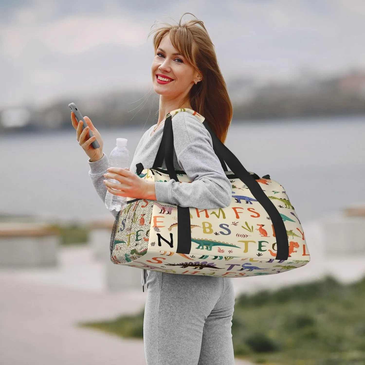 Travel Duffel Bag For Men Women, Education Alphabet Letter Cartoon Dinosaur Carry On Sport Gym Bag With Shoulder Strap Lightweight Waterproof Weekender Bag Overnight Bag