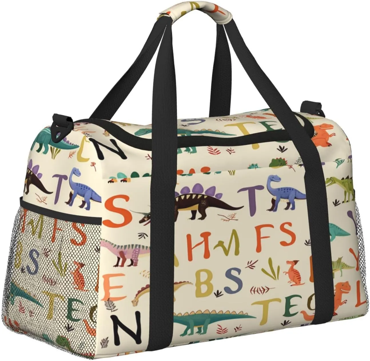 Travel Duffel Bag For Men Women, Education Alphabet Letter Cartoon Dinosaur Carry On Sport Gym Bag With Shoulder Strap Lightweight Waterproof Weekender Bag Overnight Bag