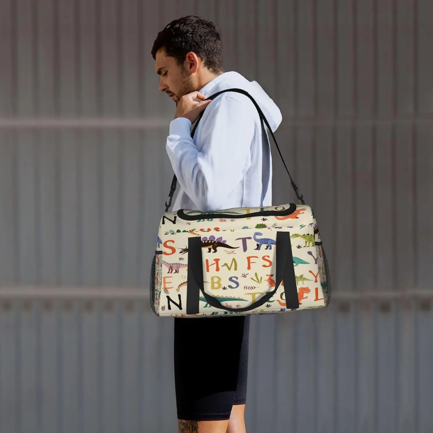 Travel Duffel Bag For Men Women, Education Alphabet Letter Cartoon Dinosaur Carry On Sport Gym Bag With Shoulder Strap Lightweight Waterproof Weekender Bag Overnight Bag