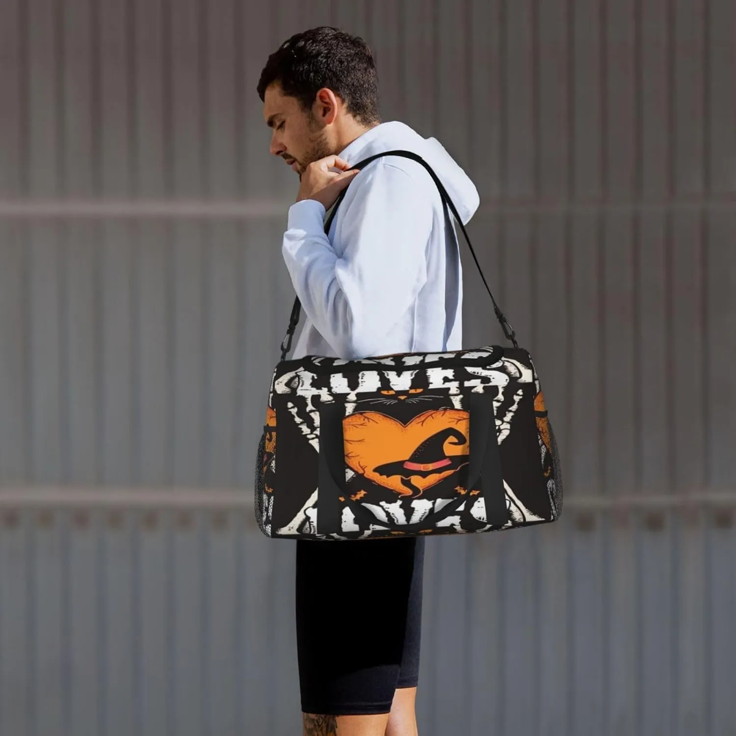 Travel Duffel Bag For Men Women, Halloween Cat Human Skeleton Carry On Sport Gym Bag With Shoulder Strap Lightweight Waterproof Weekender Bag Overnight Bag
