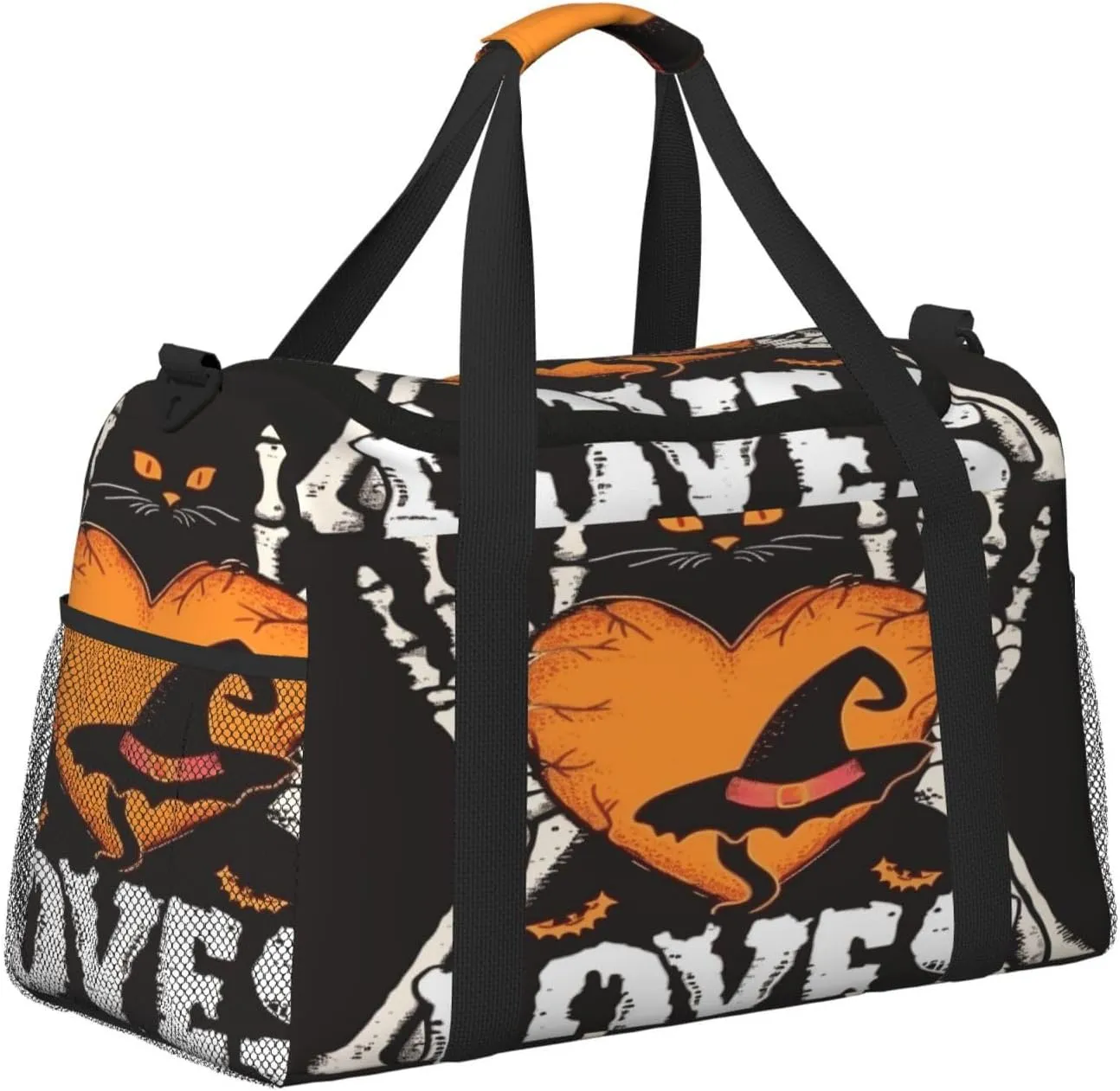 Travel Duffel Bag For Men Women, Halloween Cat Human Skeleton Carry On Sport Gym Bag With Shoulder Strap Lightweight Waterproof Weekender Bag Overnight Bag