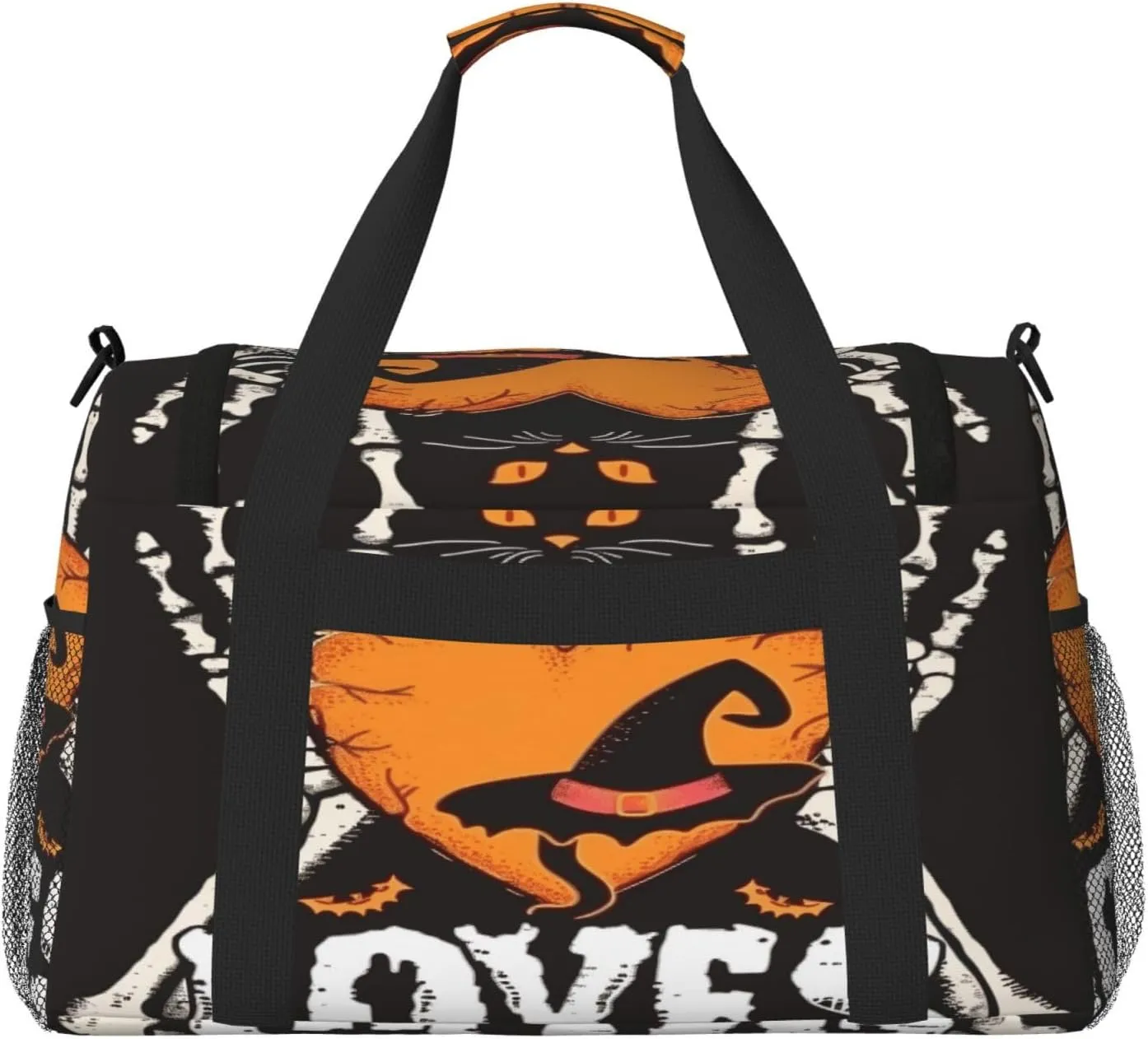 Travel Duffel Bag For Men Women, Halloween Cat Human Skeleton Carry On Sport Gym Bag With Shoulder Strap Lightweight Waterproof Weekender Bag Overnight Bag