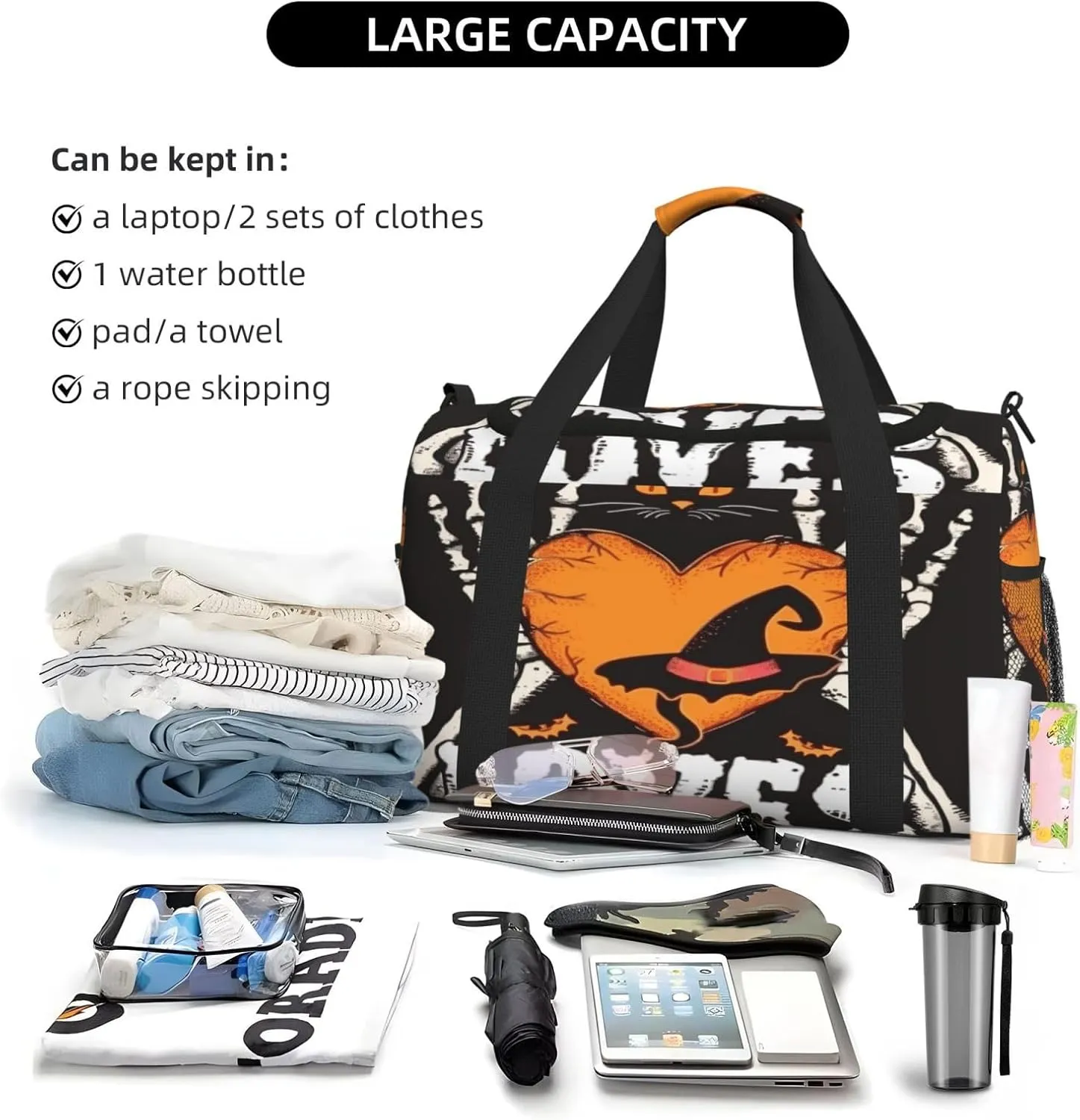 Travel Duffel Bag For Men Women, Halloween Cat Human Skeleton Carry On Sport Gym Bag With Shoulder Strap Lightweight Waterproof Weekender Bag Overnight Bag