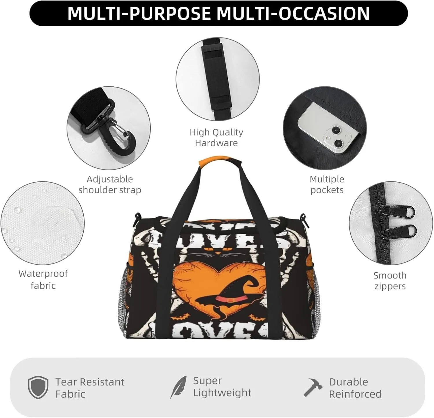 Travel Duffel Bag For Men Women, Halloween Cat Human Skeleton Carry On Sport Gym Bag With Shoulder Strap Lightweight Waterproof Weekender Bag Overnight Bag