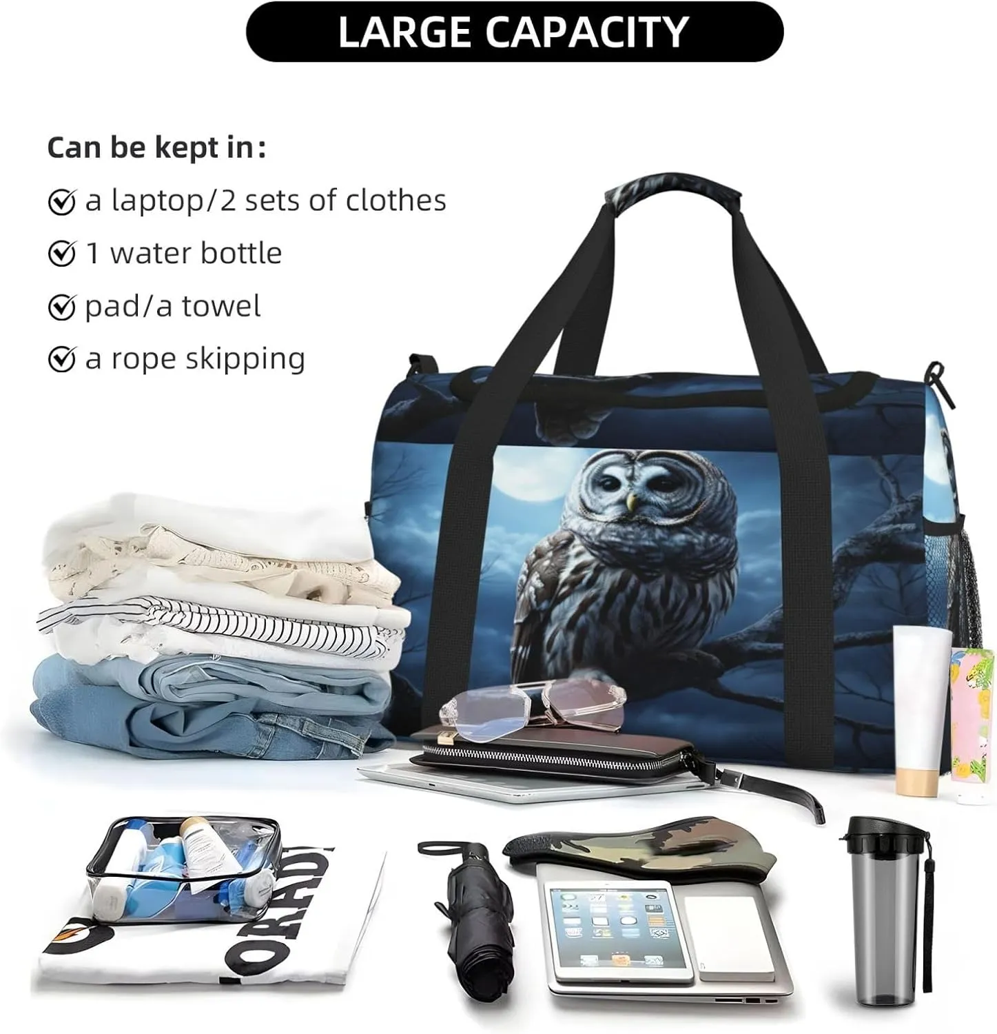 Travel Duffel Bag For Men Women, Night Moon Owl Bird Carry On Sport Gym Bag With Shoulder Strap Lightweight Waterproof Weekender Bag Overnight Bag