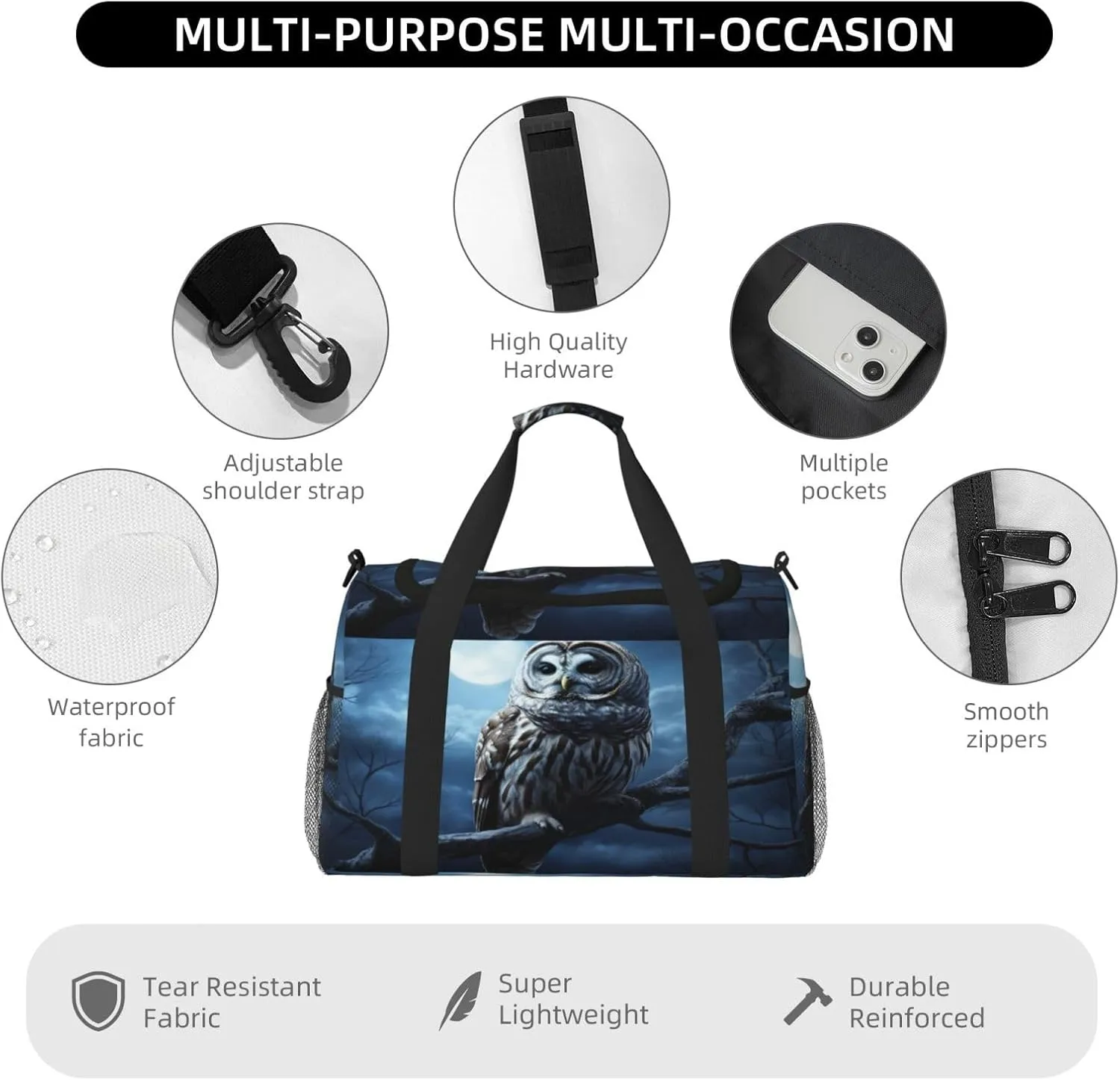Travel Duffel Bag For Men Women, Night Moon Owl Bird Carry On Sport Gym Bag With Shoulder Strap Lightweight Waterproof Weekender Bag Overnight Bag