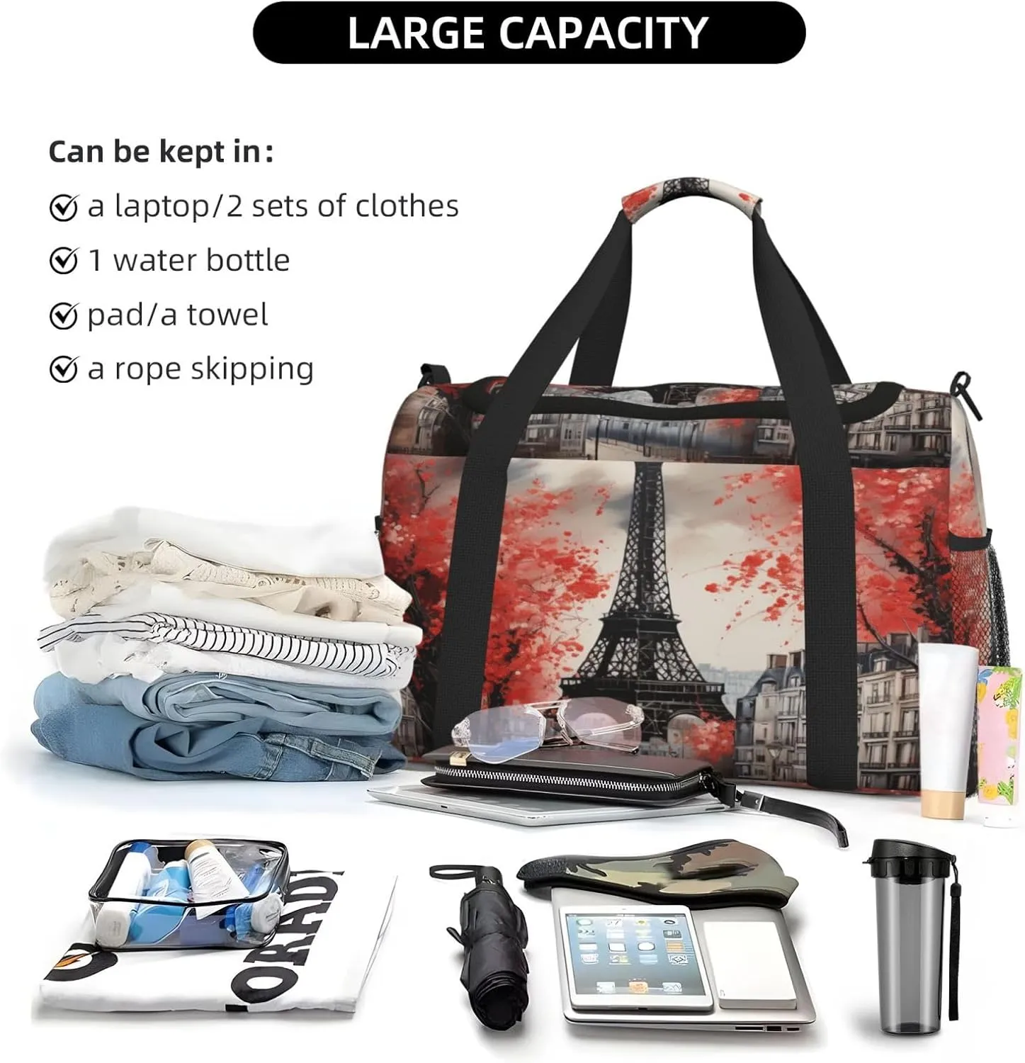 Travel Duffel Bag For Men Women, Paris Eiffel Oil Painting France Carry On Sport Gym Bag With Shoulder Strap Lightweight Waterproof Weekender Bag Overnight Bag