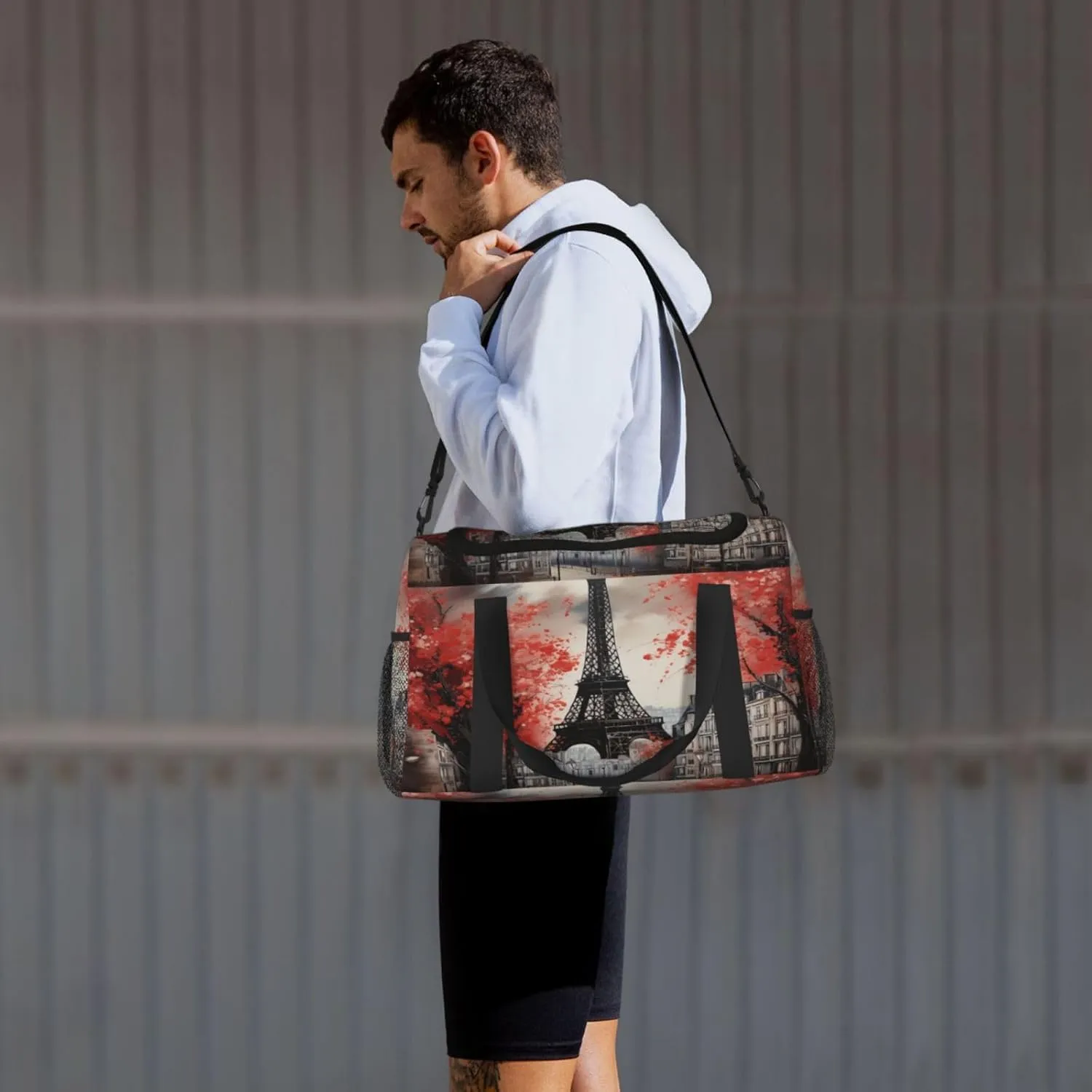 Travel Duffel Bag For Men Women, Paris Eiffel Oil Painting France Carry On Sport Gym Bag With Shoulder Strap Lightweight Waterproof Weekender Bag Overnight Bag