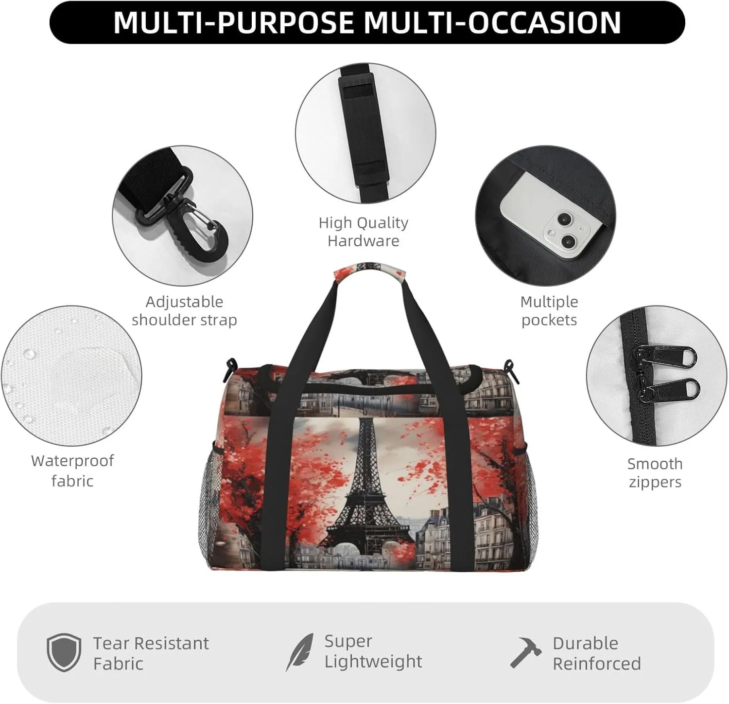 Travel Duffel Bag For Men Women, Paris Eiffel Oil Painting France Carry On Sport Gym Bag With Shoulder Strap Lightweight Waterproof Weekender Bag Overnight Bag