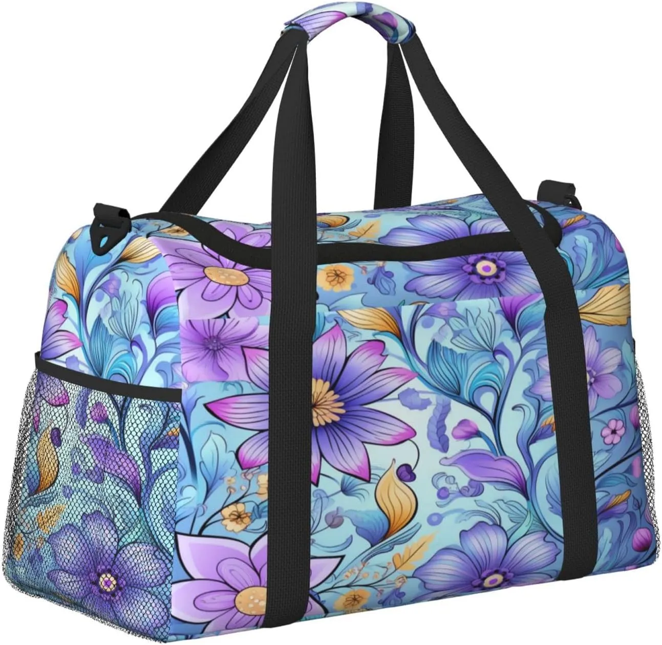 Travel Duffel Bag For Men Women, Purple Floral Pattern Carry On Sport Gym Bag With Shoulder Strap Lightweight Waterproof Weekender Bag Overnight Bag