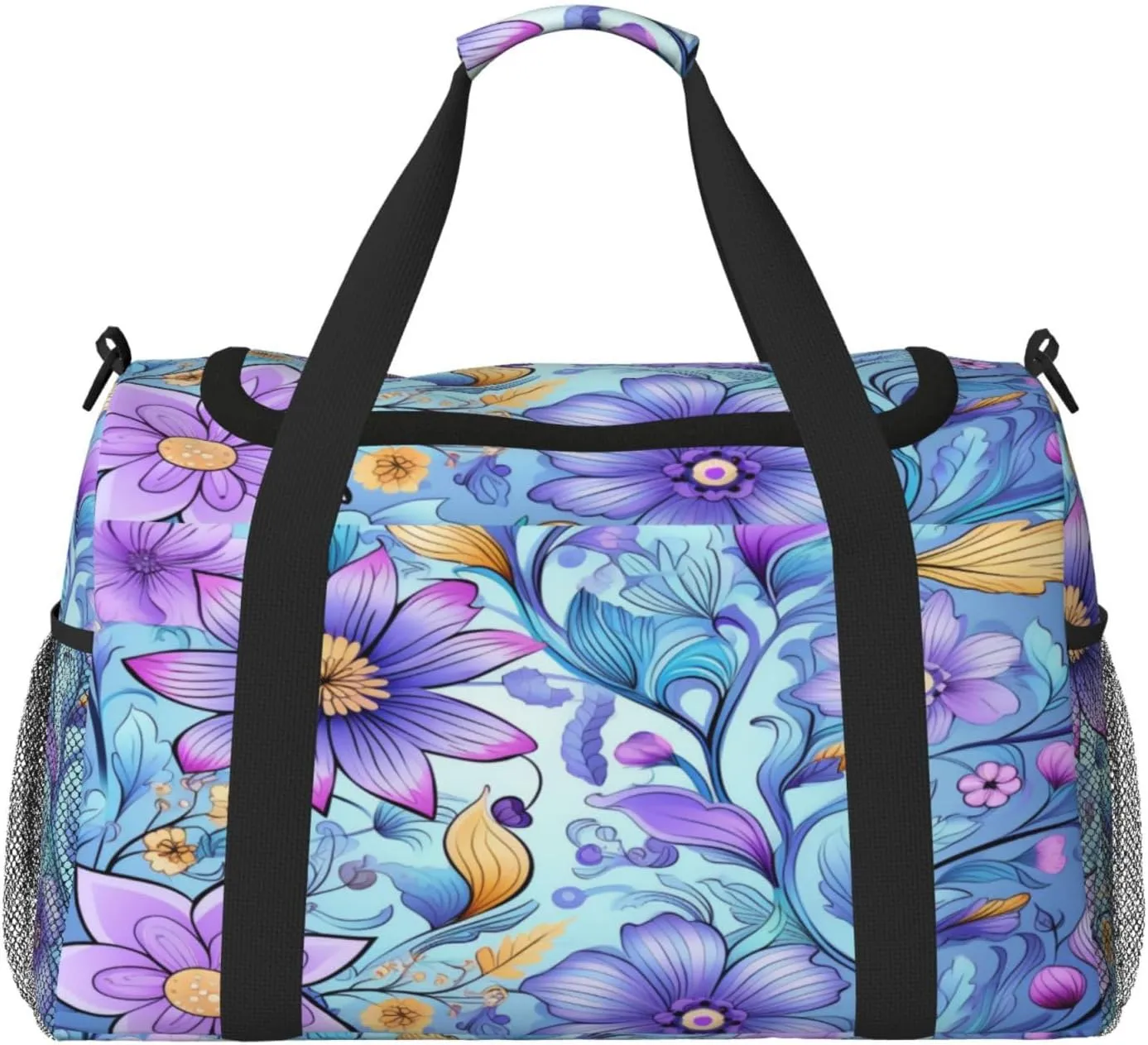 Travel Duffel Bag For Men Women, Purple Floral Pattern Carry On Sport Gym Bag With Shoulder Strap Lightweight Waterproof Weekender Bag Overnight Bag