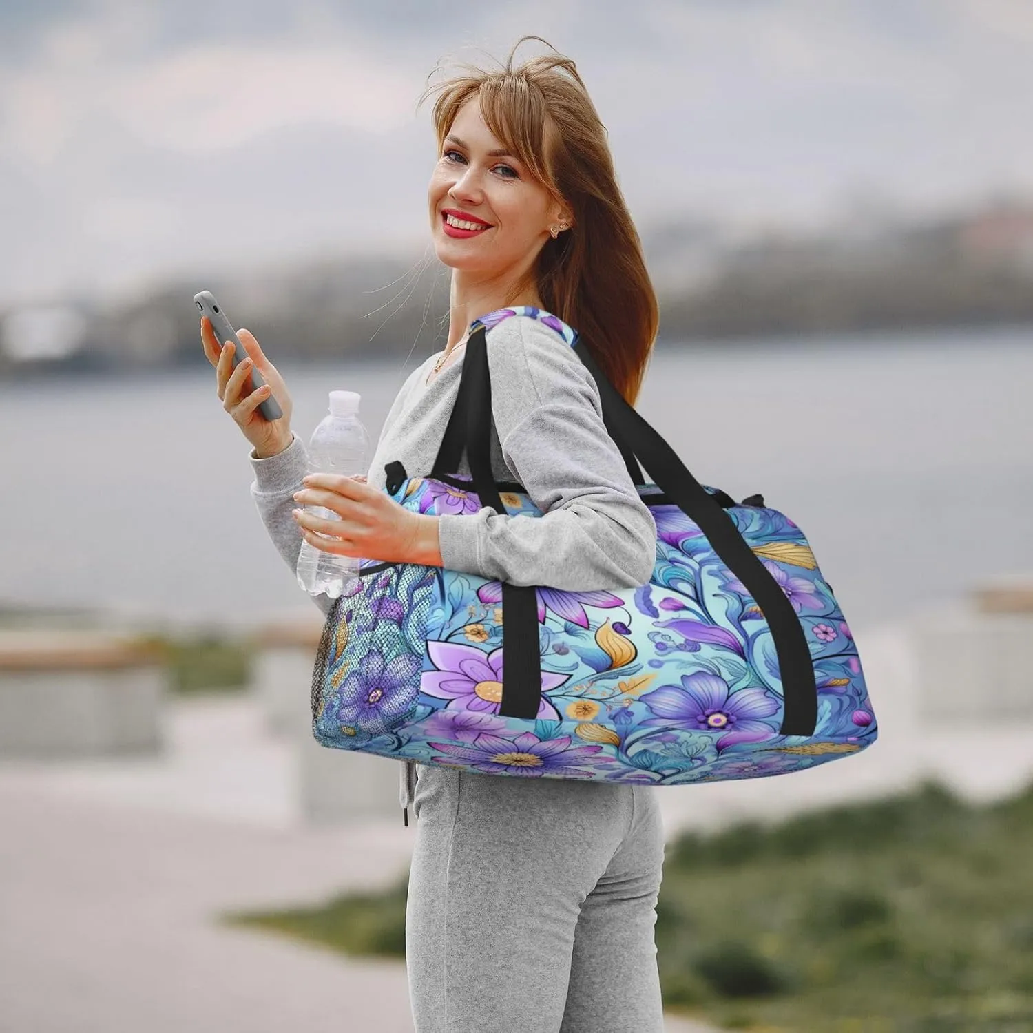 Travel Duffel Bag For Men Women, Purple Floral Pattern Carry On Sport Gym Bag With Shoulder Strap Lightweight Waterproof Weekender Bag Overnight Bag