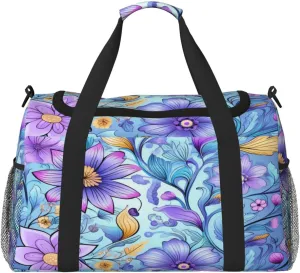 Travel Duffel Bag For Men Women, Purple Floral Pattern Carry On Sport Gym Bag With Shoulder Strap Lightweight Waterproof Weekender Bag Overnight Bag