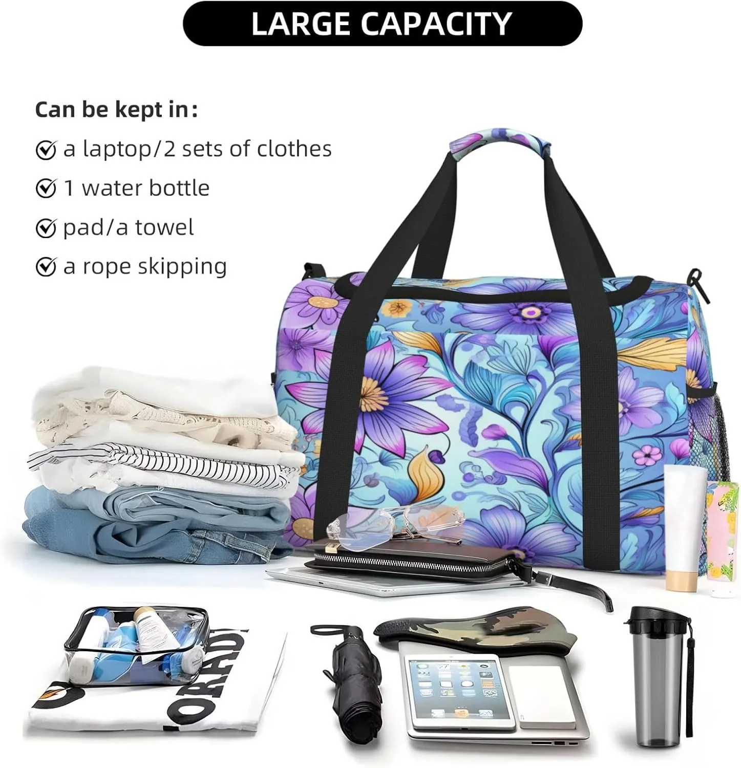 Travel Duffel Bag For Men Women, Purple Floral Pattern Carry On Sport Gym Bag With Shoulder Strap Lightweight Waterproof Weekender Bag Overnight Bag