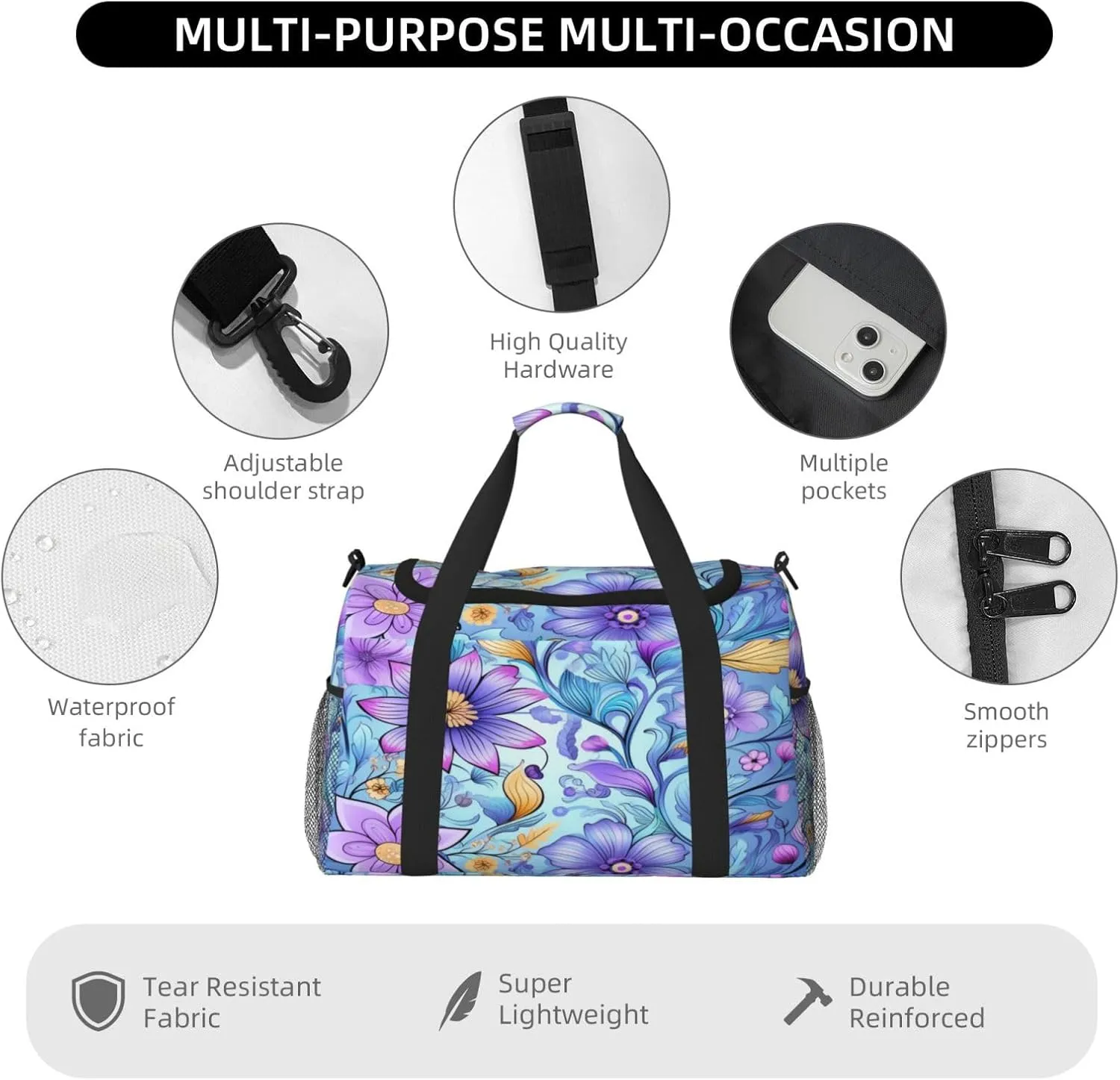 Travel Duffel Bag For Men Women, Purple Floral Pattern Carry On Sport Gym Bag With Shoulder Strap Lightweight Waterproof Weekender Bag Overnight Bag