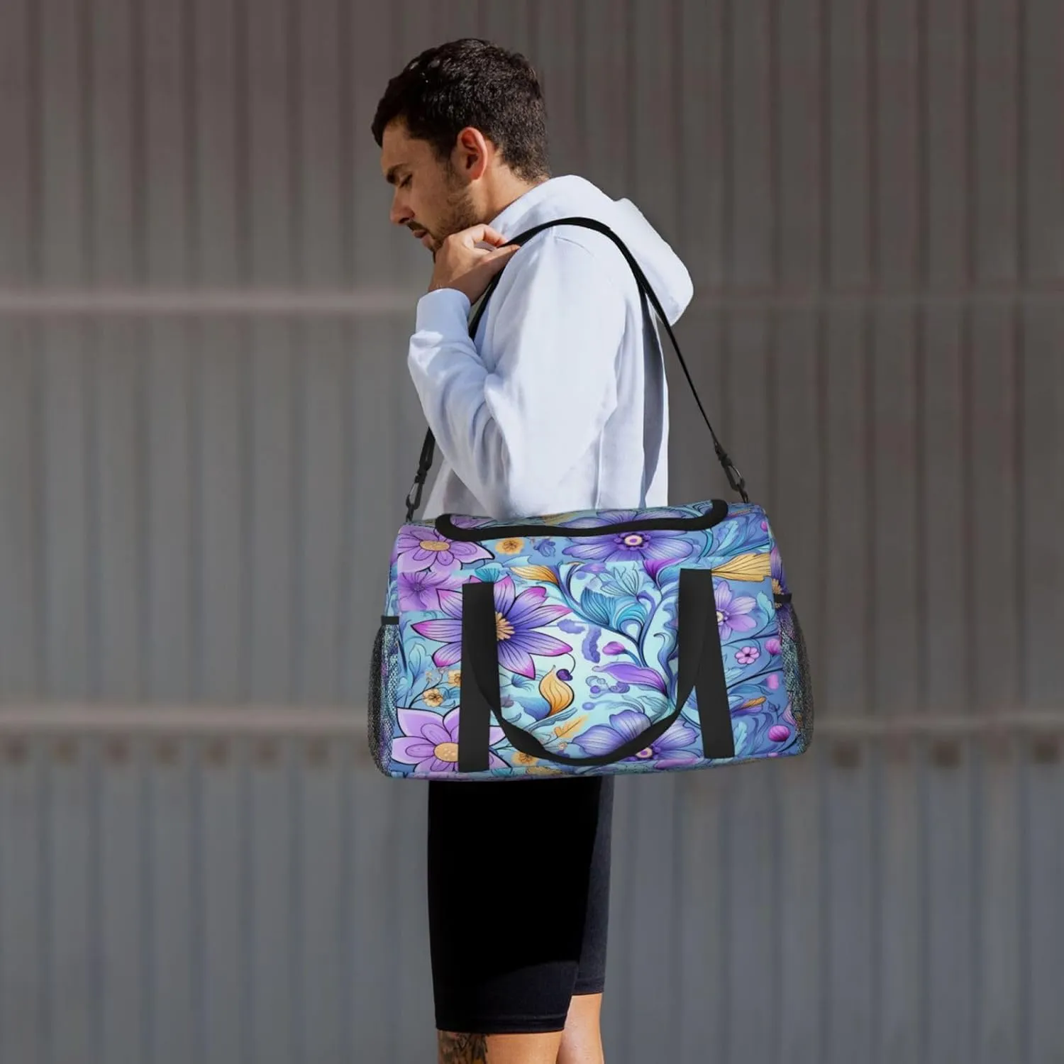 Travel Duffel Bag For Men Women, Purple Floral Pattern Carry On Sport Gym Bag With Shoulder Strap Lightweight Waterproof Weekender Bag Overnight Bag