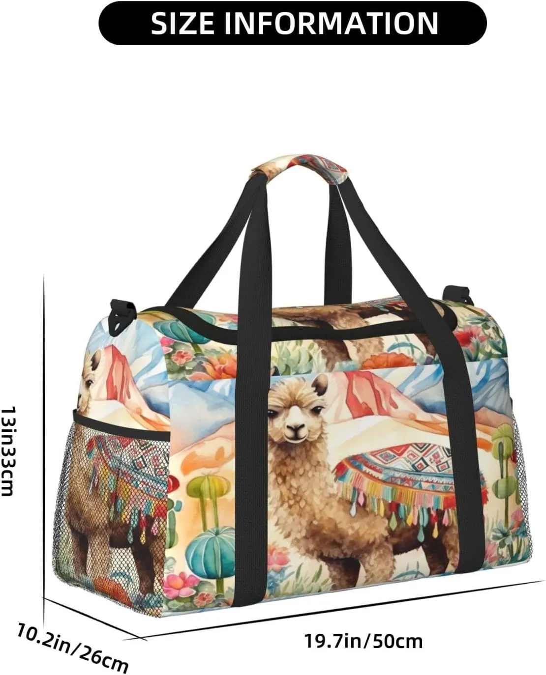 Travel Duffel Bag For Men Women, Watercolour Camel Cactus Alpaca Carry On Sport Gym Bag With Shoulder Strap Lightweight Waterproof Weekender Bag Overnight Bag
