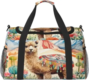 Travel Duffel Bag For Men Women, Watercolour Camel Cactus Alpaca Carry On Sport Gym Bag With Shoulder Strap Lightweight Waterproof Weekender Bag Overnight Bag