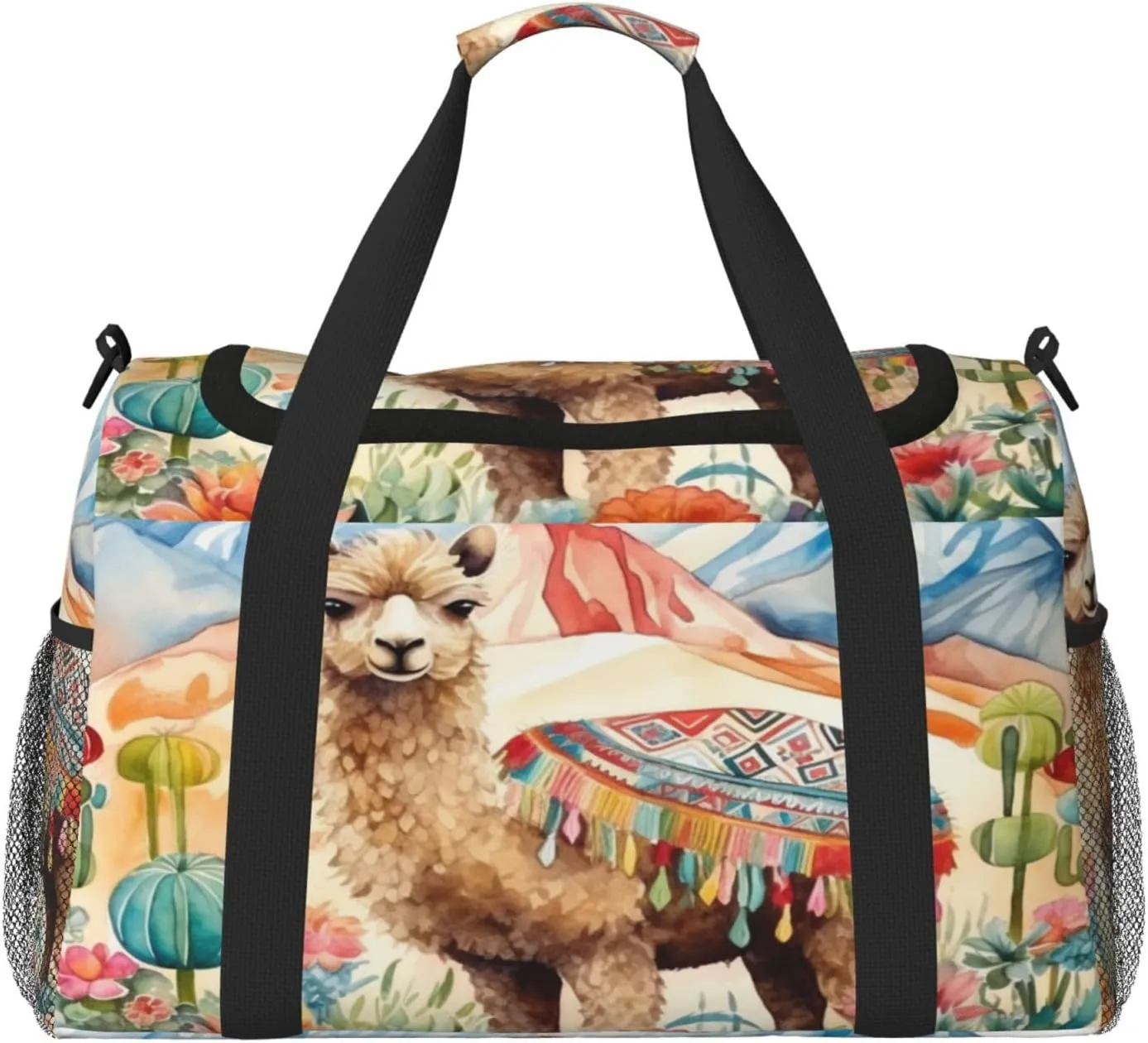 Travel Duffel Bag For Men Women, Watercolour Camel Cactus Alpaca Carry On Sport Gym Bag With Shoulder Strap Lightweight Waterproof Weekender Bag Overnight Bag