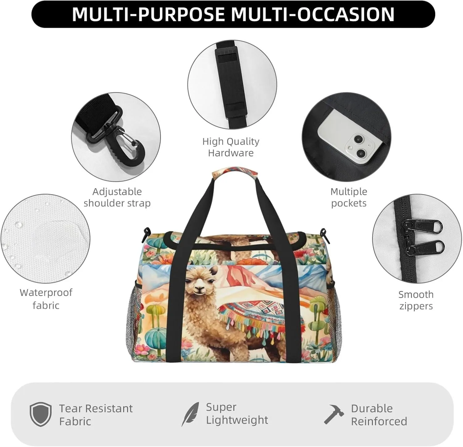 Travel Duffel Bag For Men Women, Watercolour Camel Cactus Alpaca Carry On Sport Gym Bag With Shoulder Strap Lightweight Waterproof Weekender Bag Overnight Bag