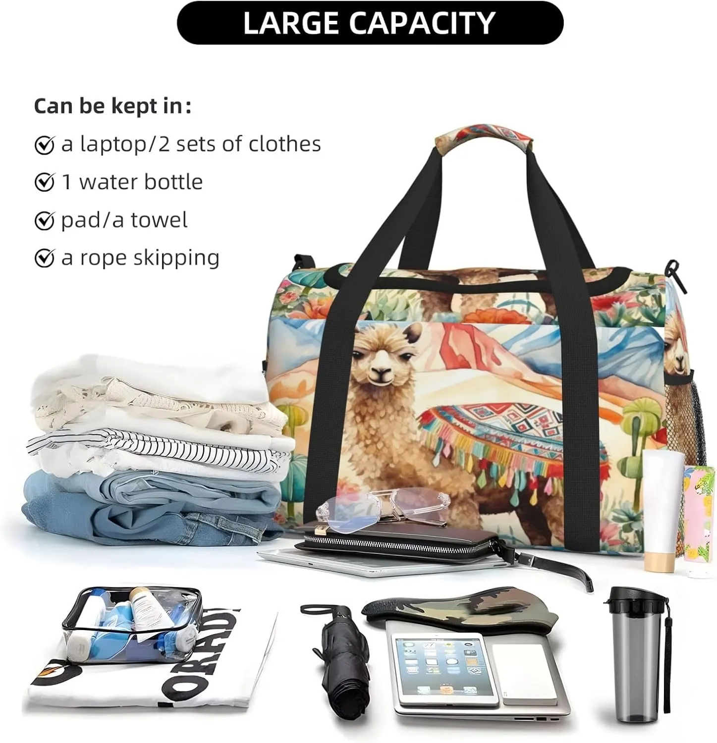 Travel Duffel Bag For Men Women, Watercolour Camel Cactus Alpaca Carry On Sport Gym Bag With Shoulder Strap Lightweight Waterproof Weekender Bag Overnight Bag