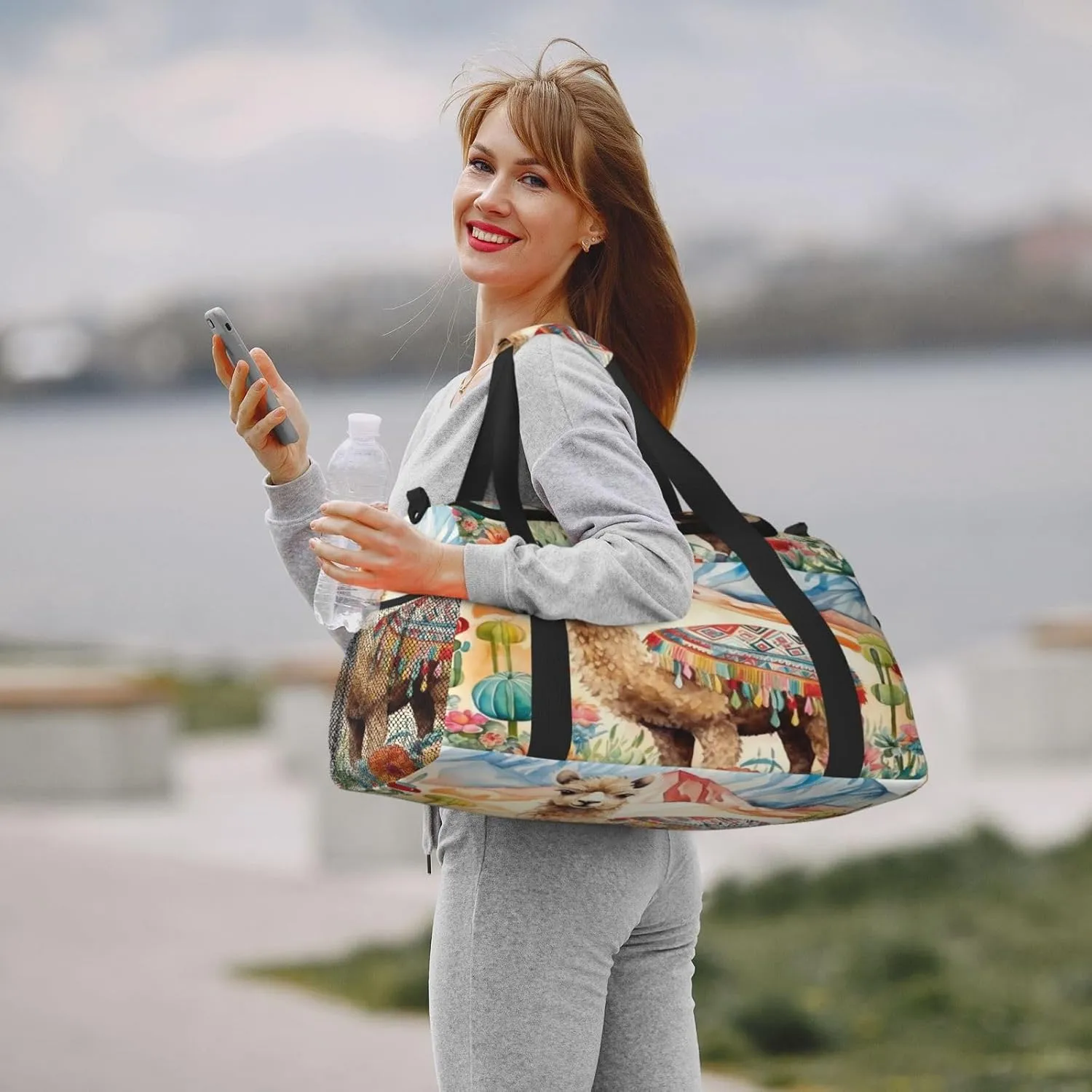 Travel Duffel Bag For Men Women, Watercolour Camel Cactus Alpaca Carry On Sport Gym Bag With Shoulder Strap Lightweight Waterproof Weekender Bag Overnight Bag