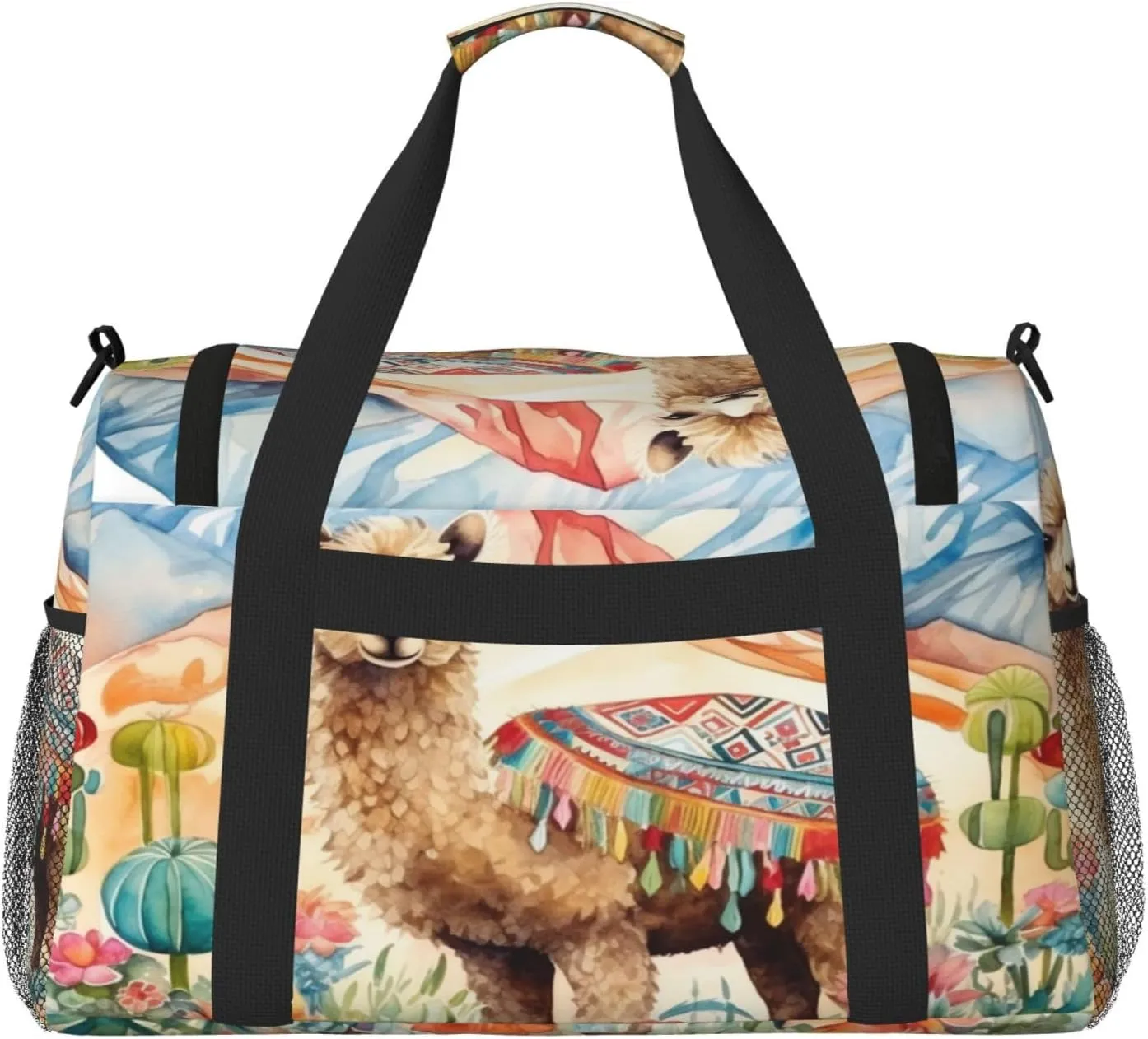 Travel Duffel Bag For Men Women, Watercolour Camel Cactus Alpaca Carry On Sport Gym Bag With Shoulder Strap Lightweight Waterproof Weekender Bag Overnight Bag
