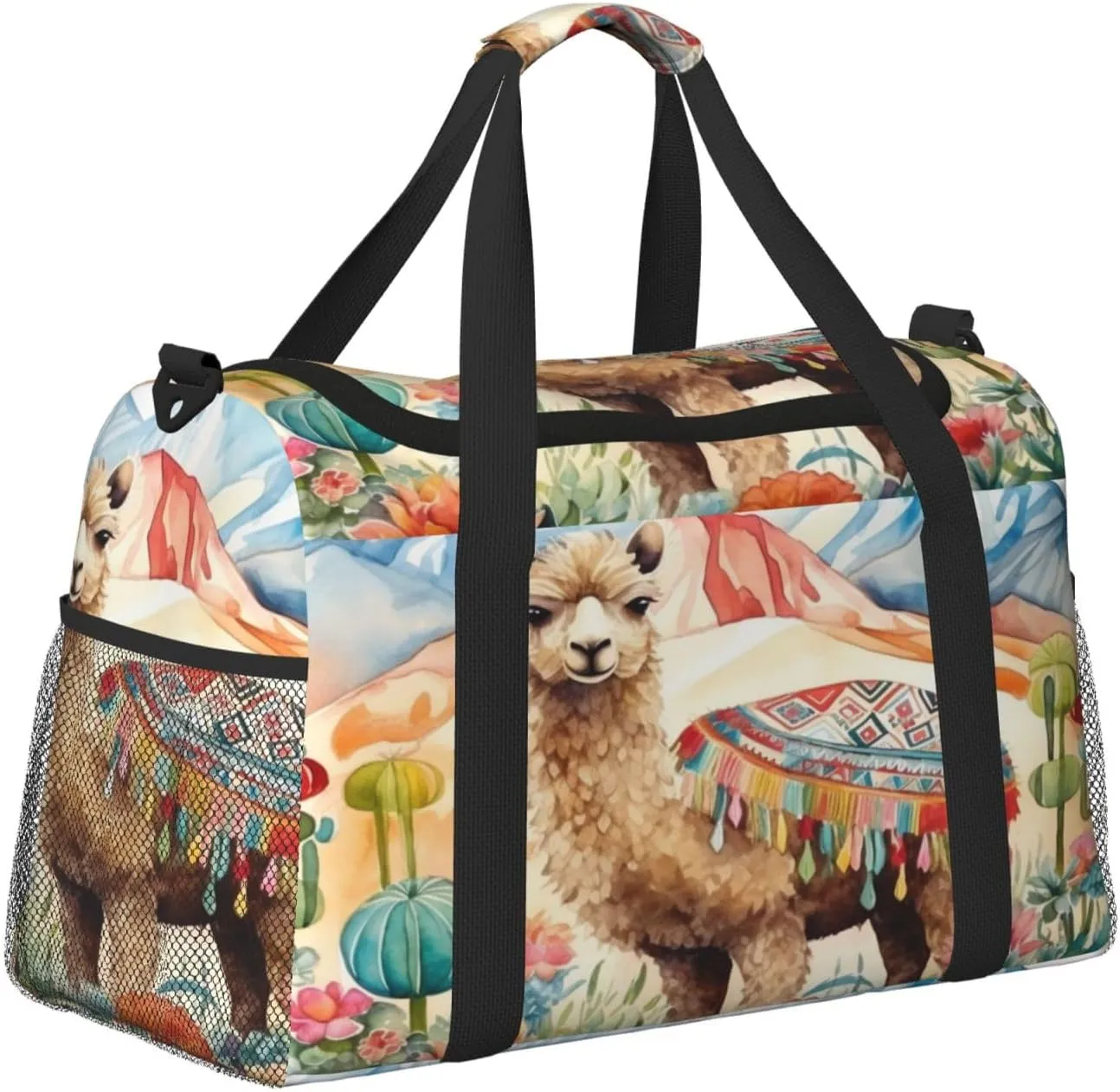 Travel Duffel Bag For Men Women, Watercolour Camel Cactus Alpaca Carry On Sport Gym Bag With Shoulder Strap Lightweight Waterproof Weekender Bag Overnight Bag