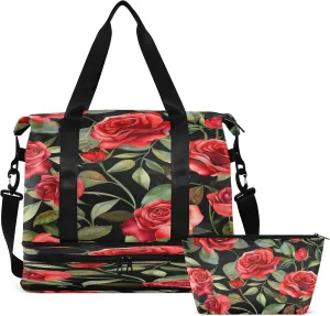 Travel Duffel Bag Red Roses Gym Duffel Bag for Men & Women with Shoe & Wet Compartment Shoulder Weekender Overnight Bag