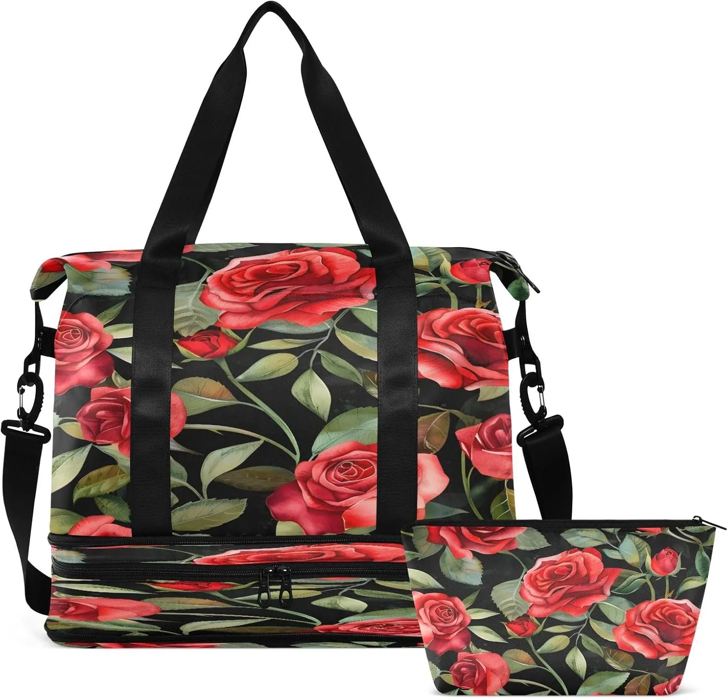 Travel Duffel Bag Red Roses Gym Duffel Bag for Men & Women with Shoe & Wet Compartment Shoulder Weekender Overnight Bag