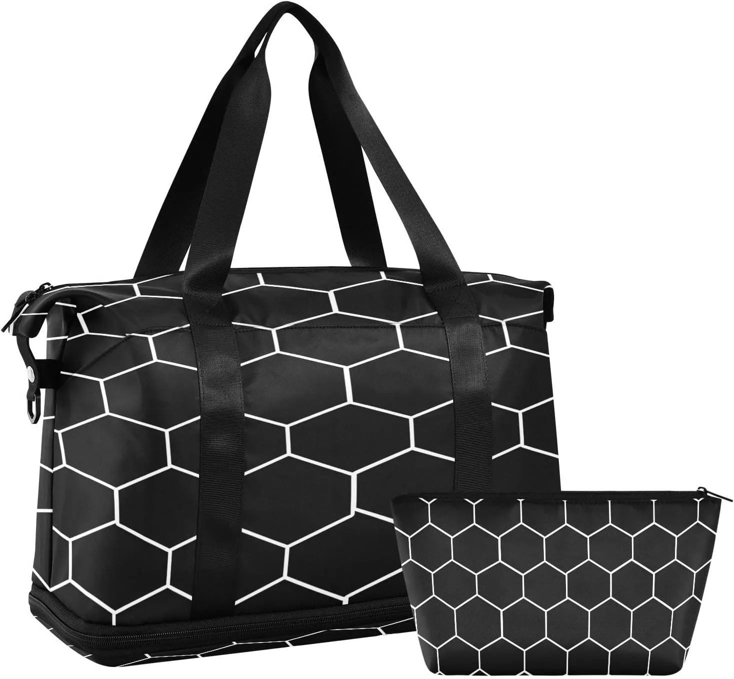 Travel Duffel Bag White Hexagonal Grid Gym Duffel Bag for Men & Women with Shoe & Wet Compartment Shoulder Weekender Overnight Bag