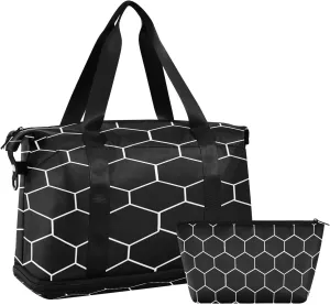 Travel Duffel Bag White Hexagonal Grid Gym Duffel Bag for Men & Women with Shoe & Wet Compartment Shoulder Weekender Overnight Bag