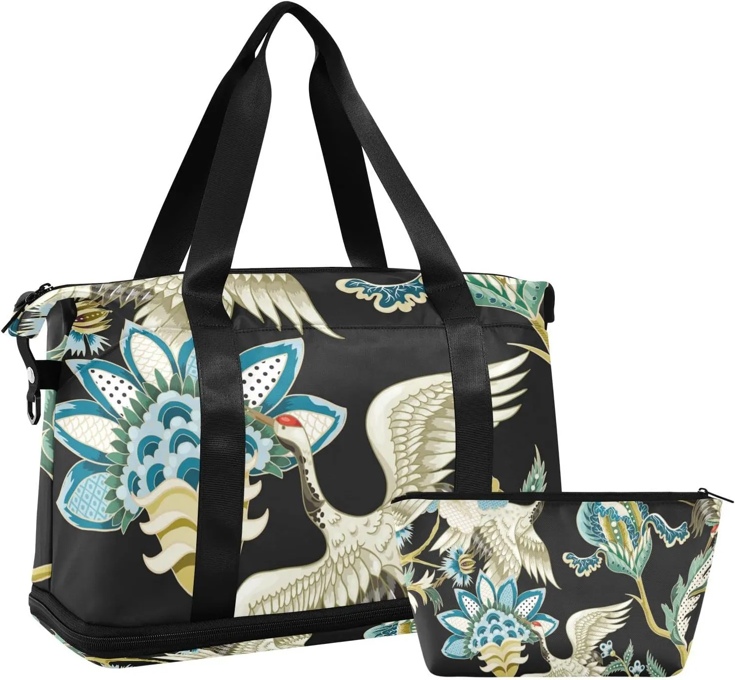 Travel Duffel Bag with Toiletry Bag, Large Sports Tote Gym Bag, Waterproof Packable Duffle Bag with Shoe Compartment,White Crane Flower Weekender Overnight Bag Gym Bag for Women Men
