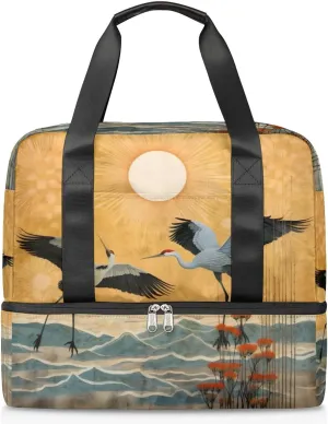 Travel Duffel Bags Chinese Crane Sports Gym Bag with Wet Pocket & Shoes Compartment Large Duffel Bags Waterproof Overnight Bag Weekender Bags for Women Men