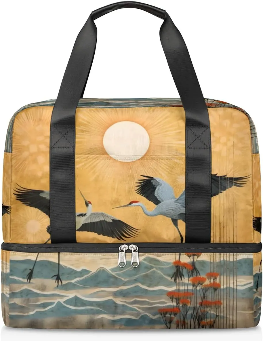Travel Duffel Bags Chinese Crane Sports Gym Bag with Wet Pocket & Shoes Compartment Large Duffel Bags Waterproof Overnight Bag Weekender Bags for Women Men