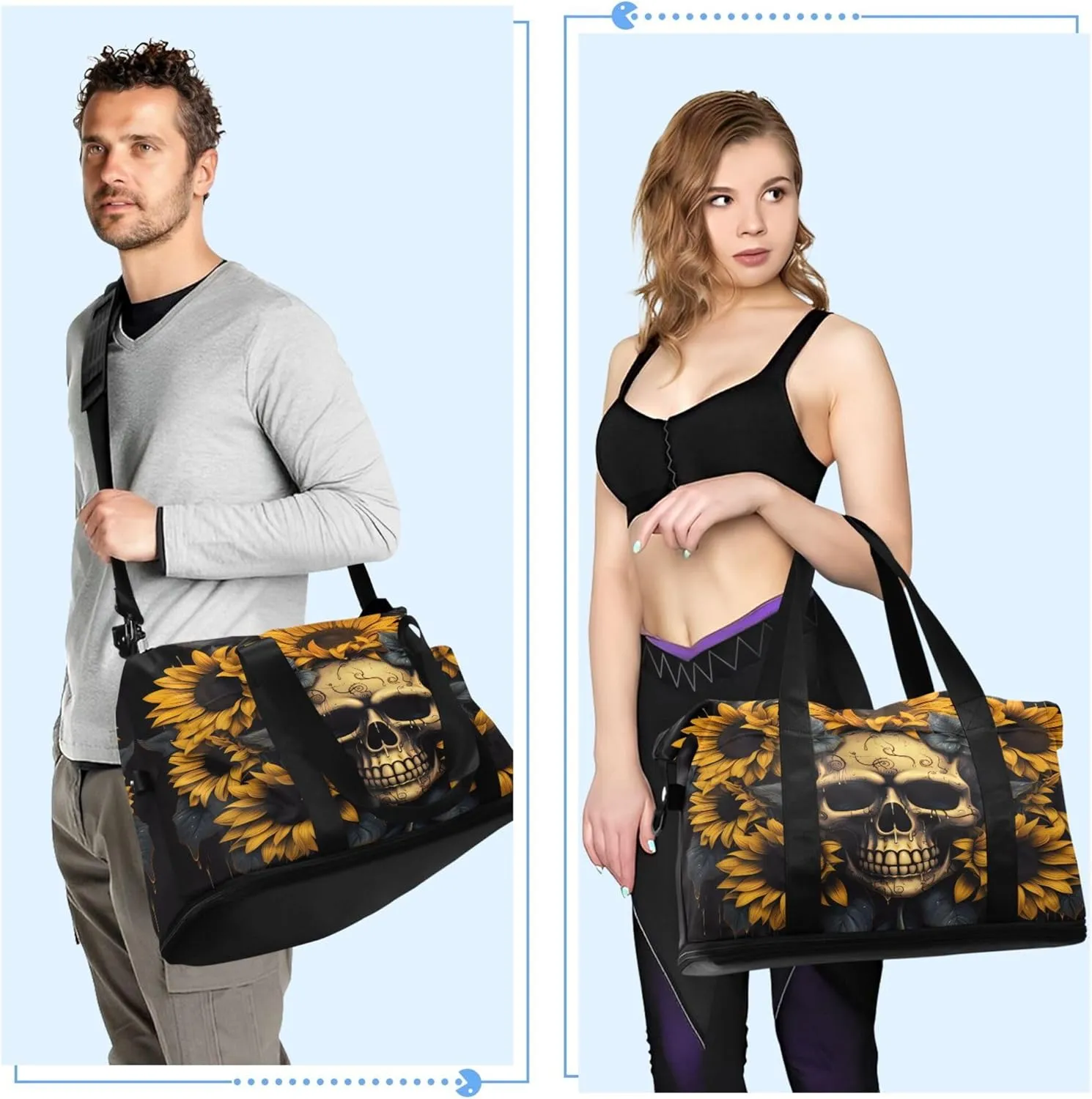 Travel Duffel Tote Bag Skull and Sunflower Sports Duffel Bag with Wet Pocket Weekender Overnight Bag for Women Men Gym Bag, Carry On Bag Hospital Bag for Labor and Delivery