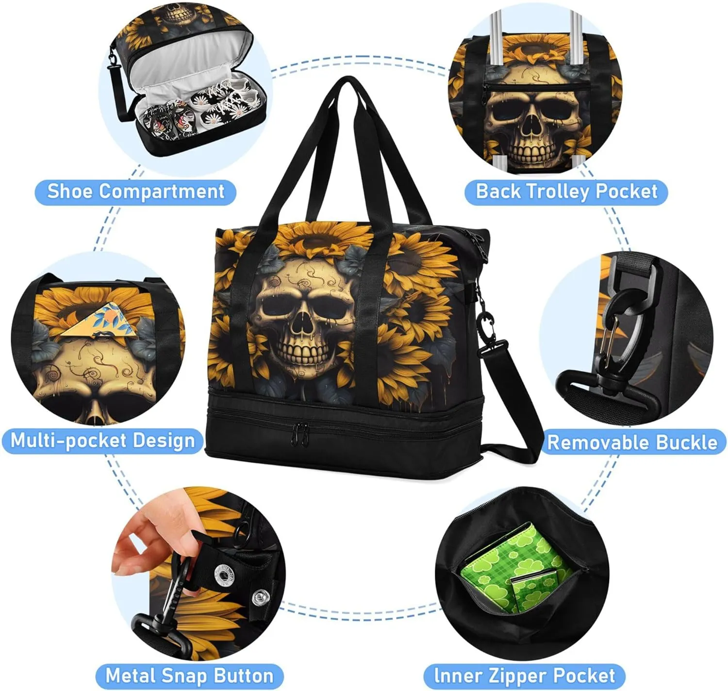 Travel Duffel Tote Bag Skull and Sunflower Sports Duffel Bag with Wet Pocket Weekender Overnight Bag for Women Men Gym Bag, Carry On Bag Hospital Bag for Labor and Delivery