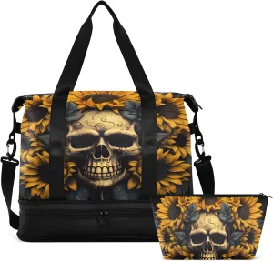 Travel Duffel Tote Bag Skull and Sunflower Sports Duffel Bag with Wet Pocket Weekender Overnight Bag for Women Men Gym Bag, Carry On Bag Hospital Bag for Labor and Delivery