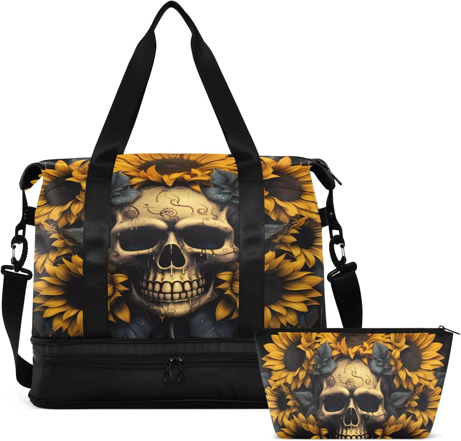 Travel Duffel Tote Bag Skull and Sunflower Sports Duffel Bag with Wet Pocket Weekender Overnight Bag for Women Men Gym Bag, Carry On Bag Hospital Bag for Labor and Delivery