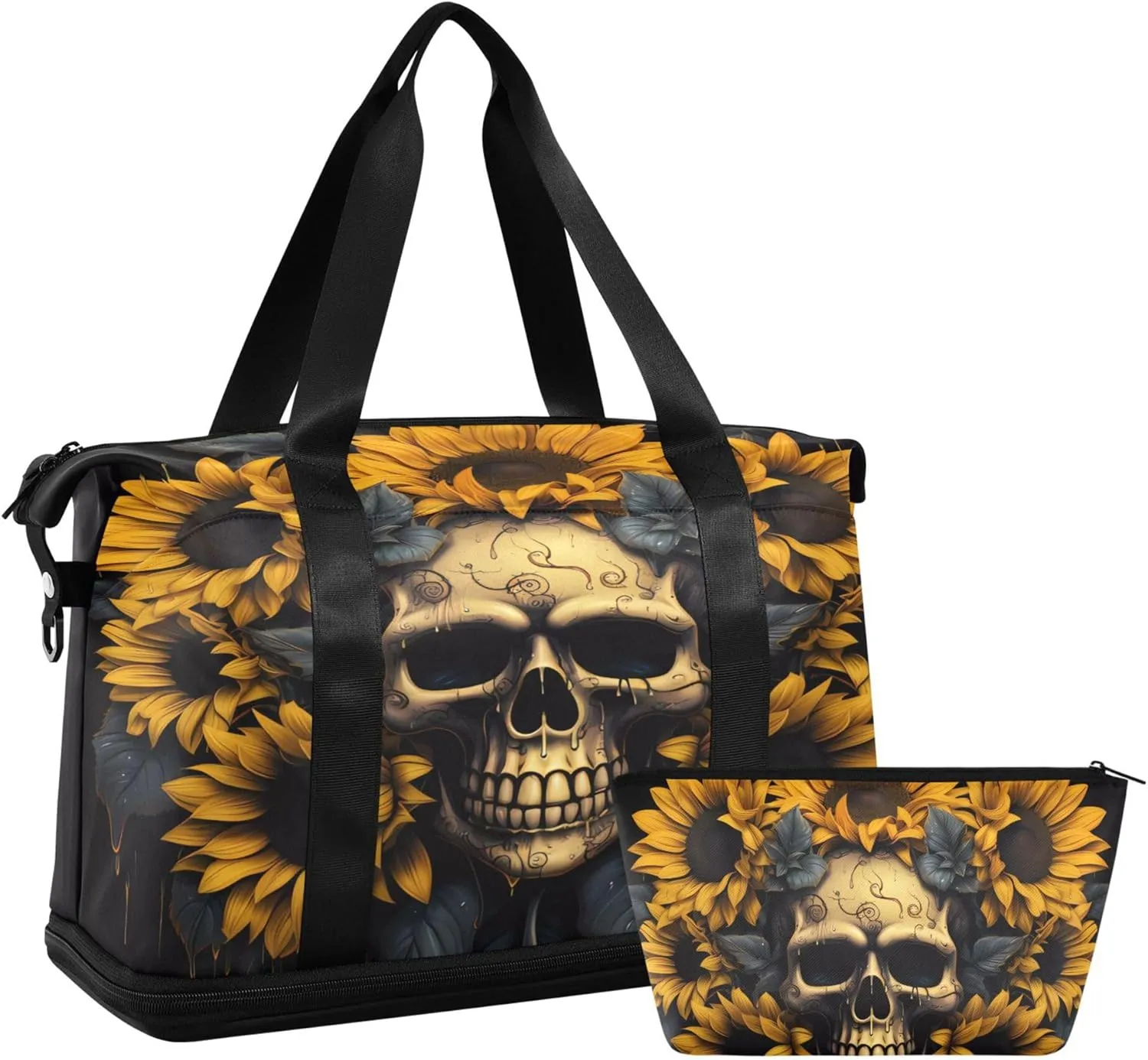 Travel Duffel Tote Bag Skull and Sunflower Sports Duffel Bag with Wet Pocket Weekender Overnight Bag for Women Men Gym Bag, Carry On Bag Hospital Bag for Labor and Delivery