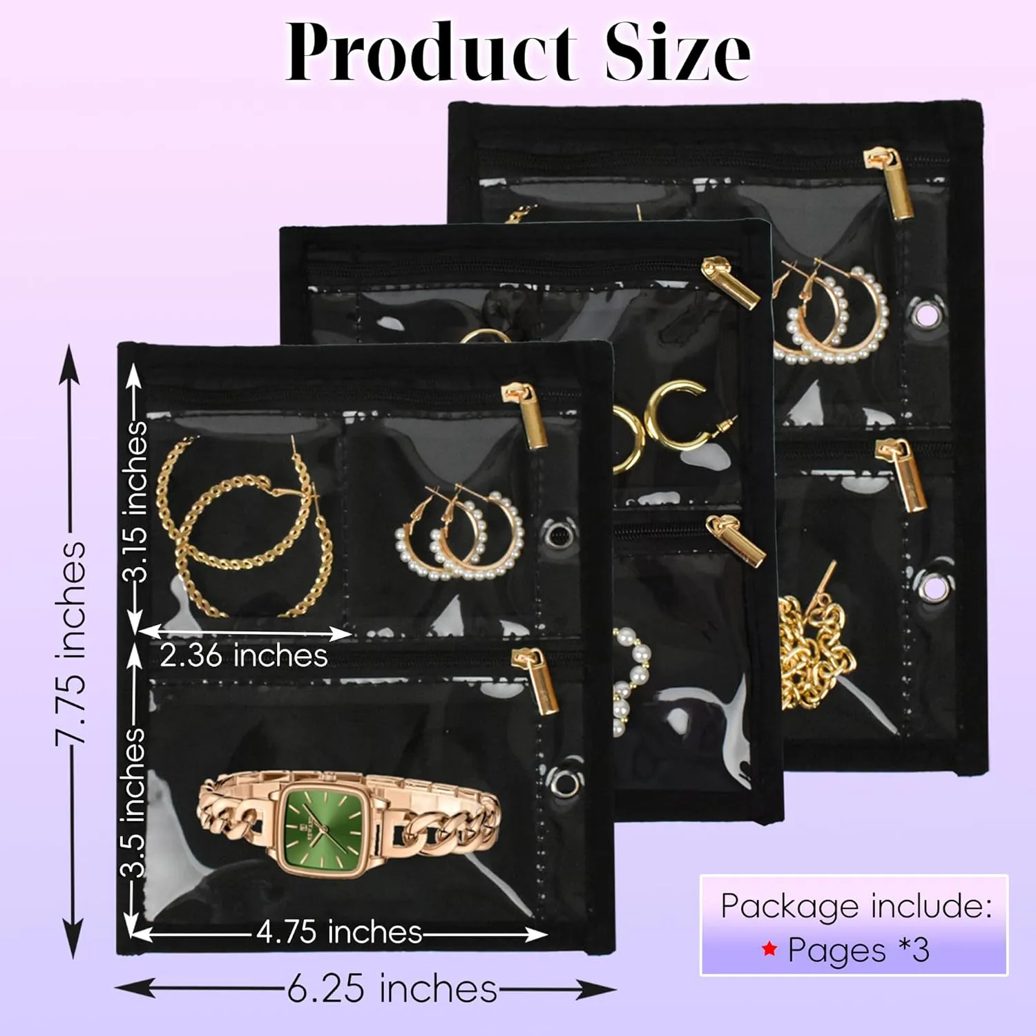 Travel Jewelry Organizer Case,Jewelry Bags Jewelry Storage Book Binder with Clear Zipper Velvet Pouch for Traveling,Earrings, Rings, Necklace, Bracelet (Inner Pages, 3 PCS)