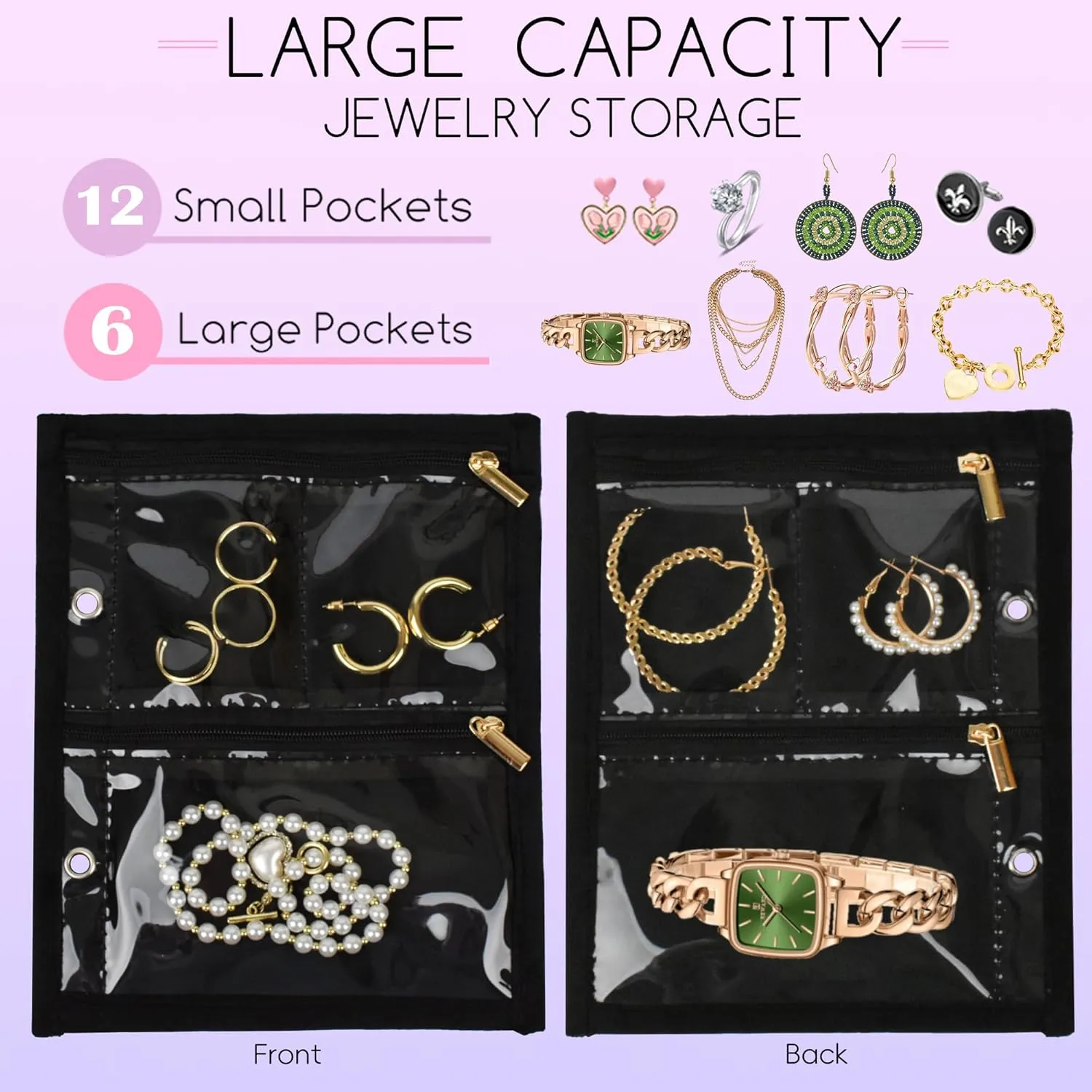 Travel Jewelry Organizer Case,Jewelry Bags Jewelry Storage Book Binder with Clear Zipper Velvet Pouch for Traveling,Earrings, Rings, Necklace, Bracelet (Inner Pages, 3 PCS)